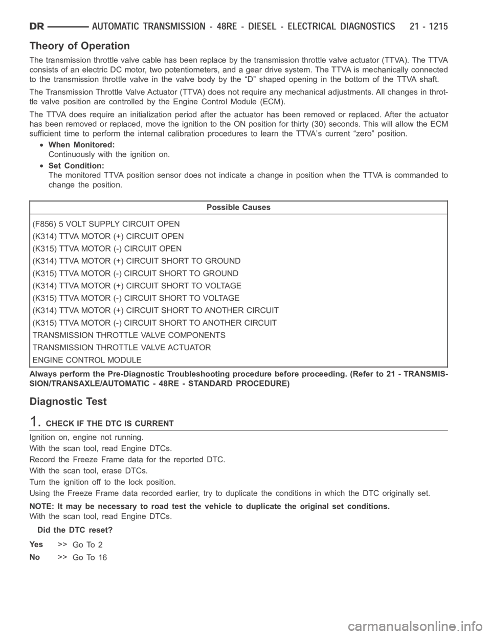 DODGE RAM SRT-10 2006  Service Repair Manual Theory of Operation
The transmission throttle valve cable has been replace by the transmission throttle valve actuator (TTVA). The TTVA
consists of an electric DC motor, two potentiometers, and a gear