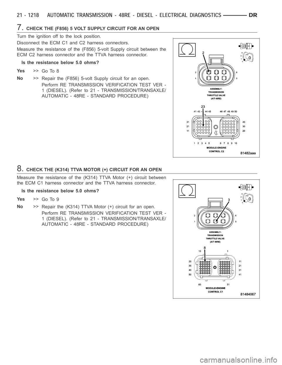 DODGE RAM SRT-10 2006  Service Repair Manual 7.CHECK THE (F856) 5 VOLT SUPPLY CIRCUIT FOR AN OPEN
Turn the ignition off to the lock position.
Disconnect the ECM C1 and C2 harness connectors.
Measure the resistance of the (F856) 5-volt Supply cir
