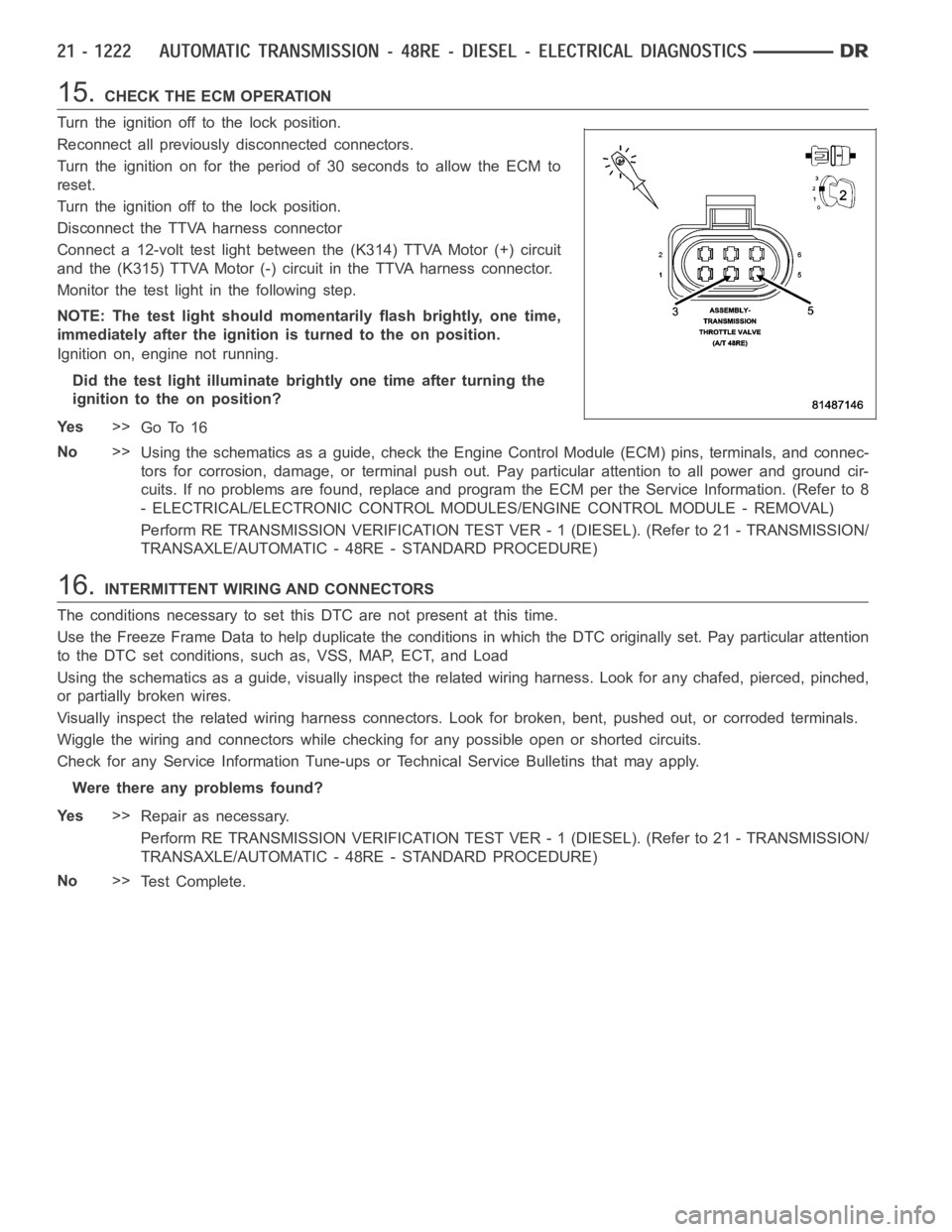 DODGE RAM SRT-10 2006 Service Repair Manual 15.CHECK THE ECM OPERATION
Turn the ignition off to the lock position.
Reconnect all previously disconnected connectors.
Turntheignitiononfortheperiodof30secondstoallowtheECMto
reset.
Turn the ignitio DODGE RAM SRT-10 2006 Service Repair Manual 15.CHECK THE ECM OPERATION
Turn the ignition off to the lock position.
Reconnect all previously disconnected connectors.
Turntheignitiononfortheperiodof30secondstoallowtheECMto
reset.
Turn the ignitio