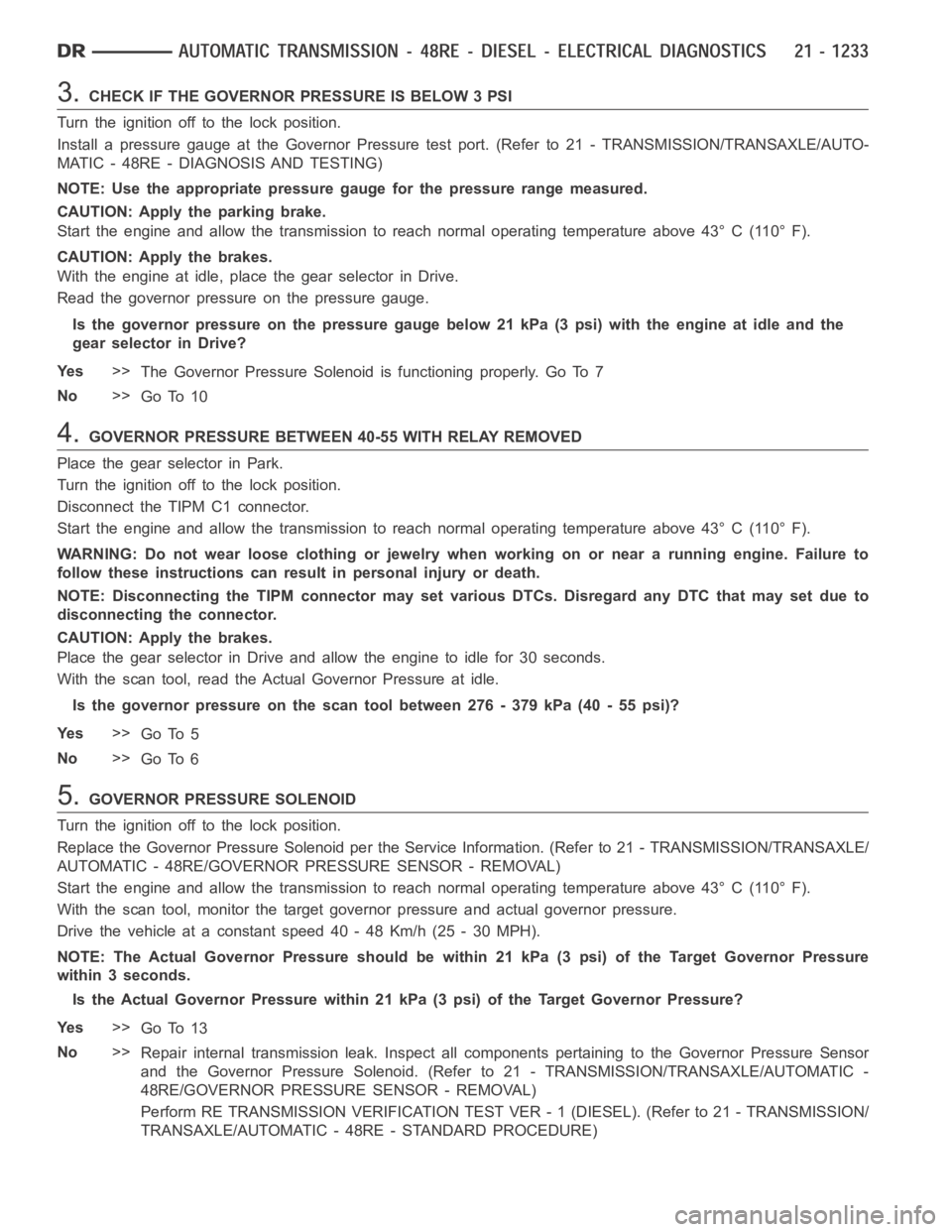 DODGE RAM SRT-10 2006  Service Repair Manual 3.CHECK IF THE GOVERNOR PRESSURE IS BELOW 3 PSI
Turn the ignition off to the lock position.
Install a pressure gauge at the Governor Pressure test port. (Refer to 21 - TRANSMISSION/TRANSAXLE/AUTO-
MAT