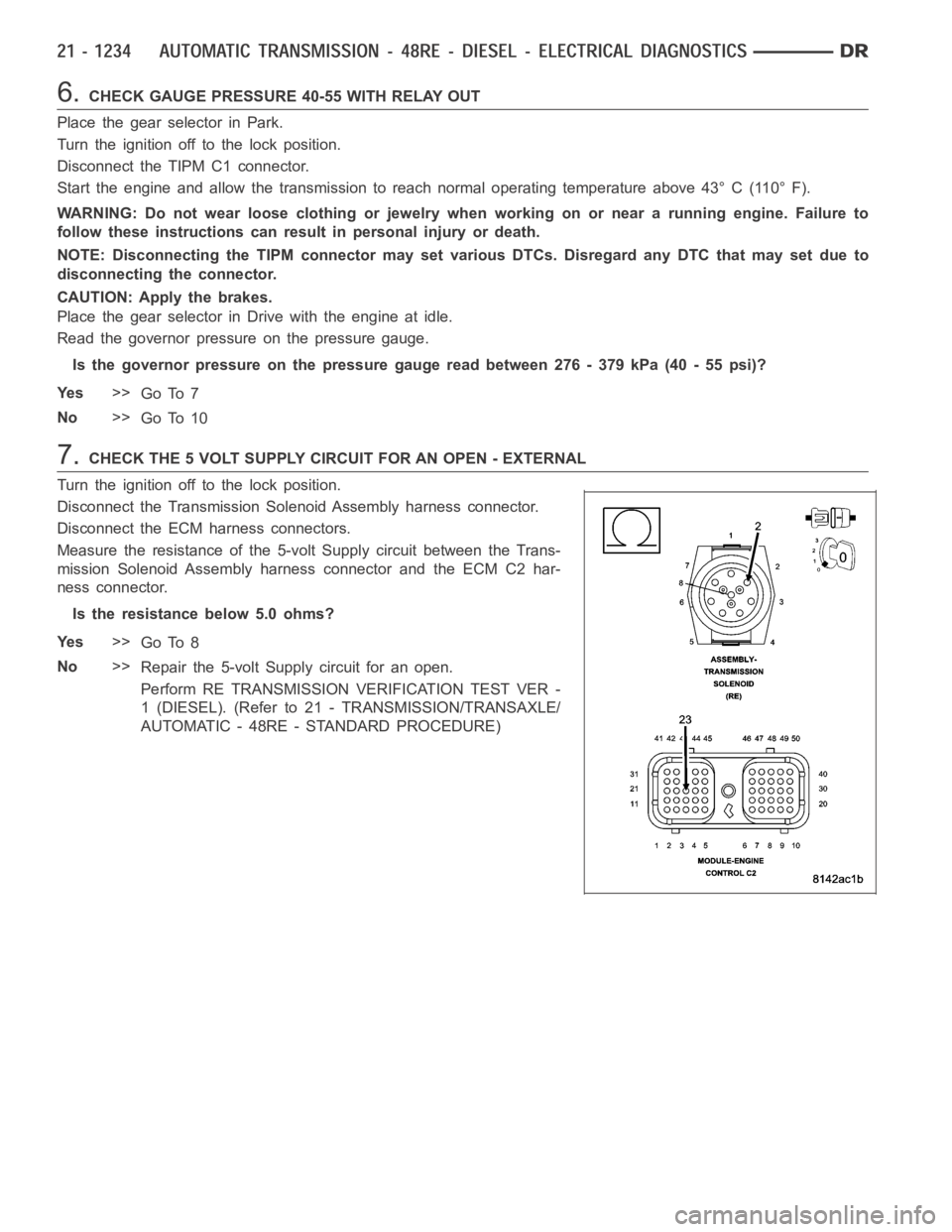 DODGE RAM SRT-10 2006  Service Repair Manual 6.CHECK GAUGE PRESSURE 40-55 WITH RELAY OUT
Place the gear selector in Park.
Turn the ignition off to the lock position.
Disconnect the TIPM C1 connector.
Start the engine and allow the transmission t