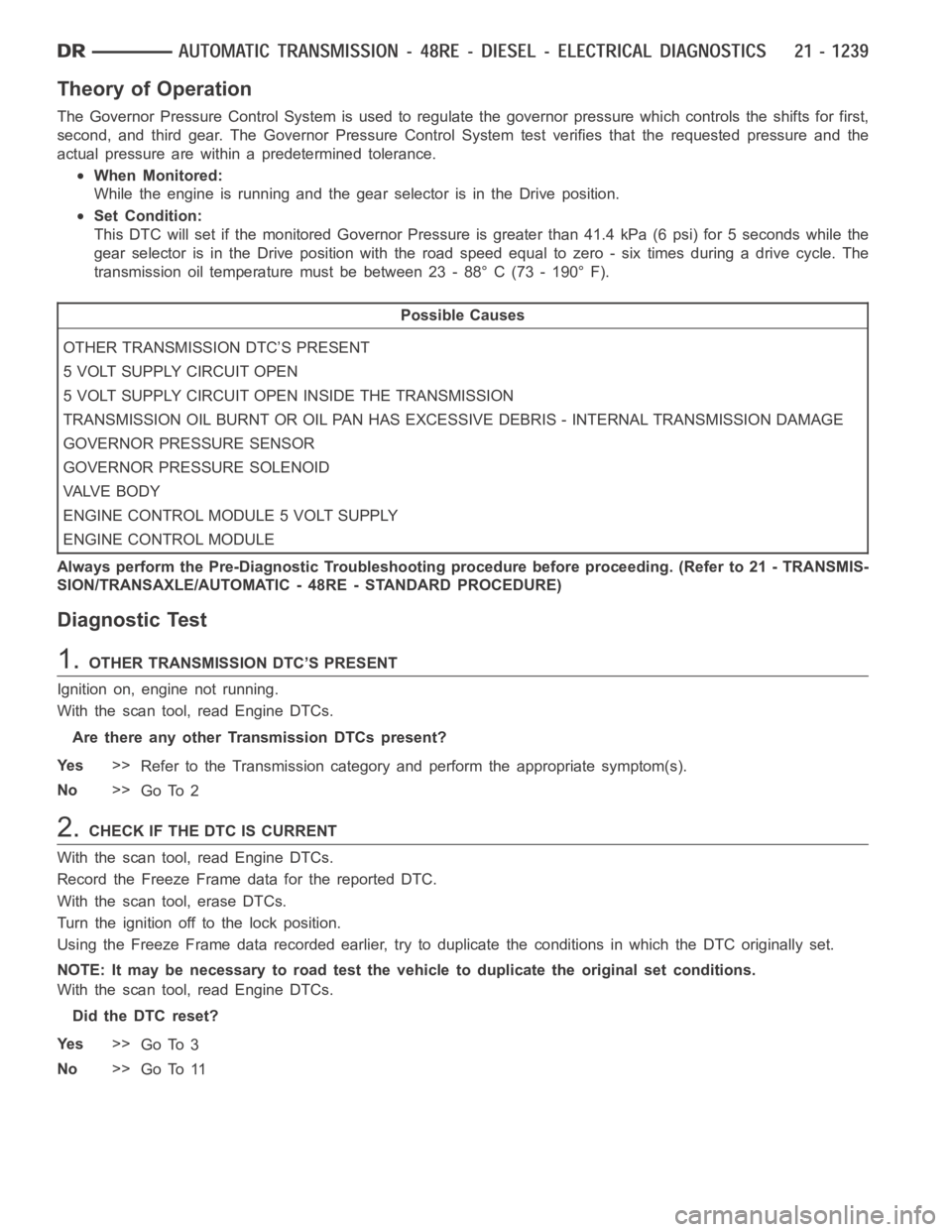 DODGE RAM SRT-10 2006  Service Repair Manual Theory of Operation
The Governor Pressure Control System is used to regulate the governor pressure which controls the shifts for first,
second, and third gear. The Governor Pressure Control System tes