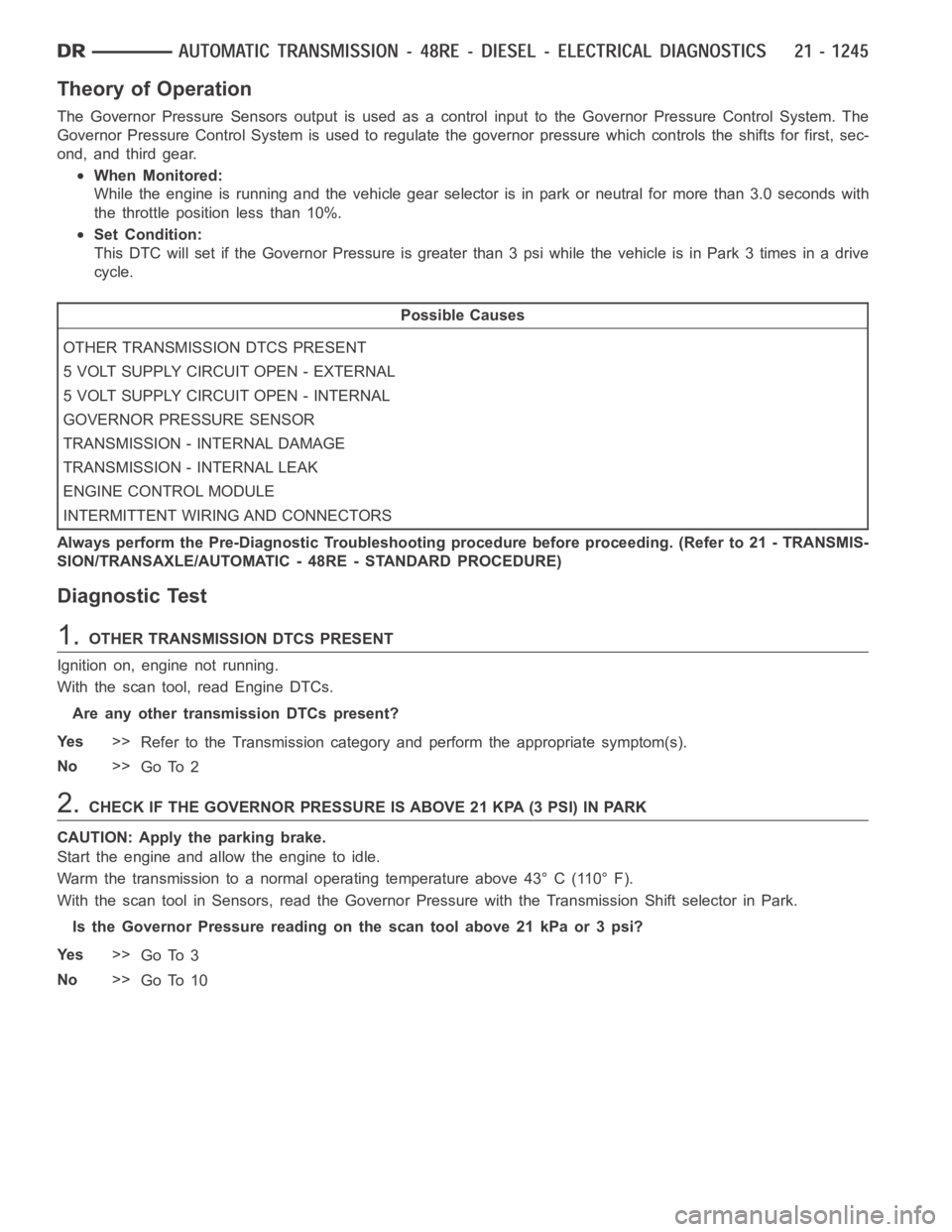 DODGE RAM SRT-10 2006  Service Repair Manual Theory of Operation
The Governor Pressure Sensors output is used as a control input to the Governor Pressure Control System. The
Governor Pressure Control System is used to regulate the governor press