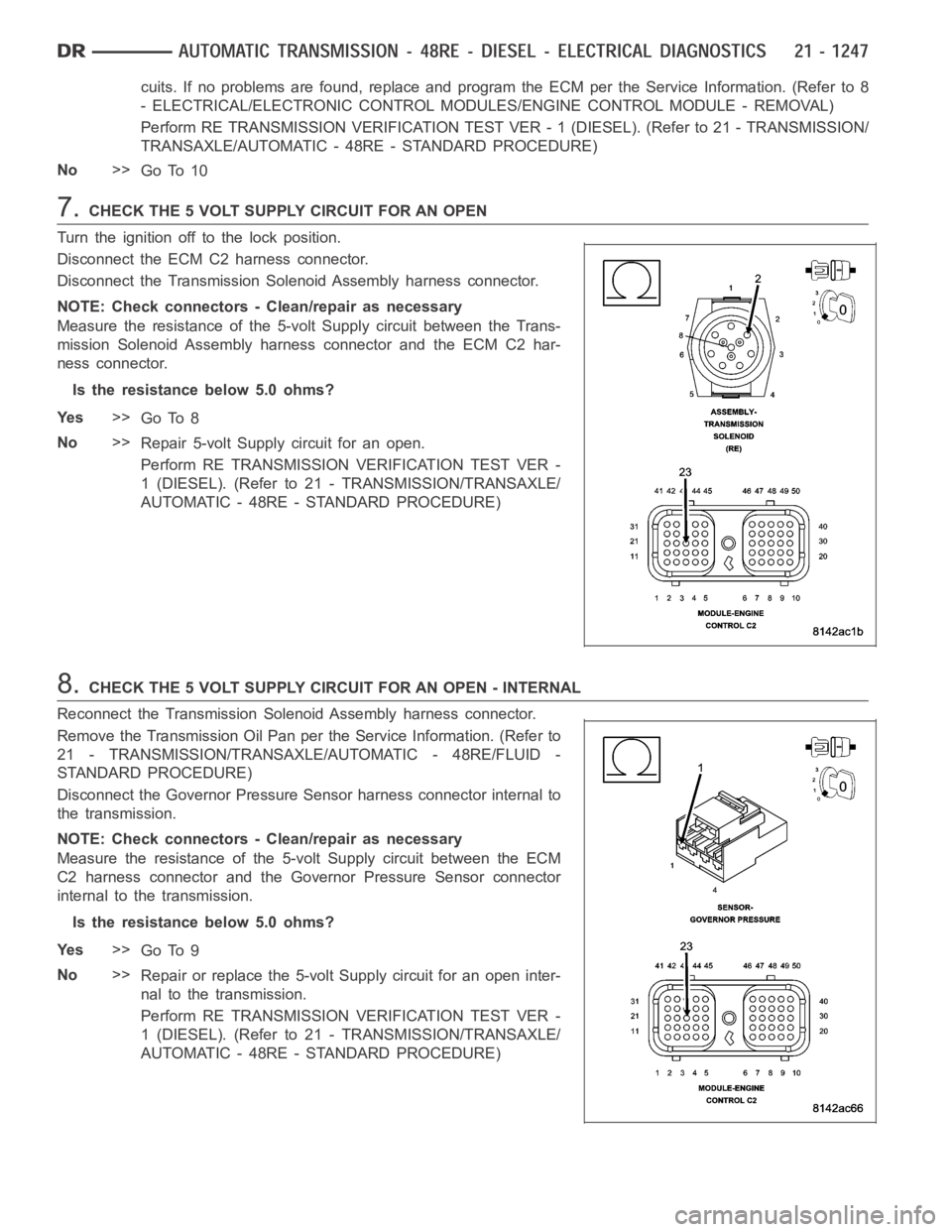 DODGE RAM SRT-10 2006  Service Repair Manual cuits. If no problems are found, replace and program the ECM per the ServiceInformation. (Refer to 8
- ELECTRICAL/ELECTRONIC CONTROL MODULES/ENGINE CONTROL MODULE - REMOVAL)
Perform RE TRANSMISSION VE