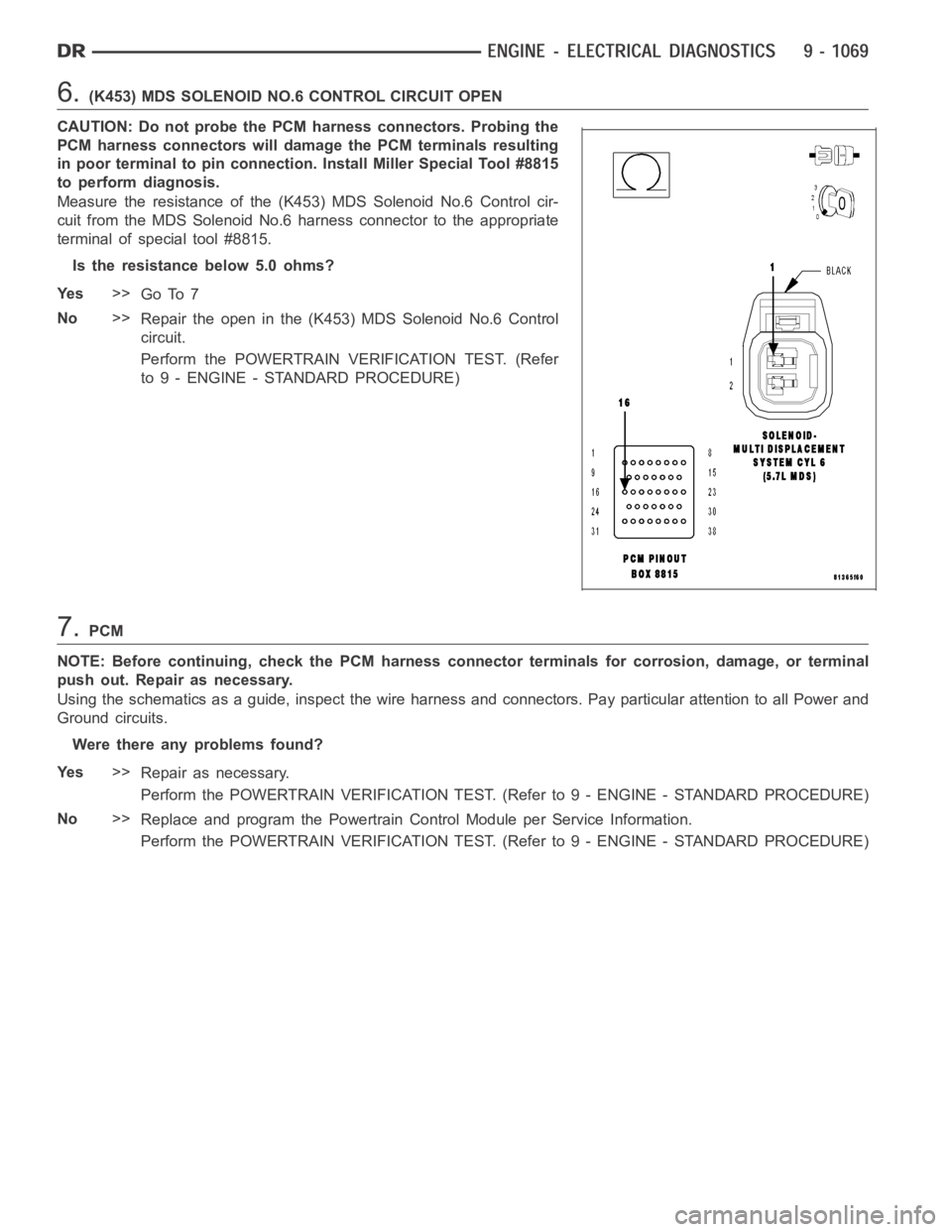 DODGE RAM SRT-10 2006  Service Repair Manual 6.(K453) MDS SOLENOID NO.6 CONTROL CIRCUIT OPEN
CAUTION: Do not probe the PCM harness connectors. Probing the
PCM harness connectors will damage the PCM terminals resulting
in poor terminal to pin con