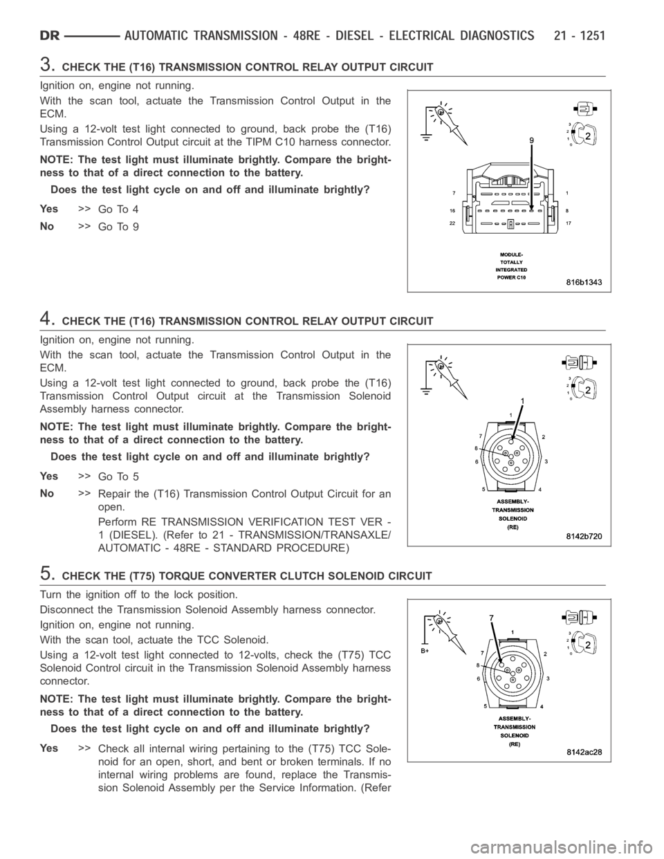 DODGE RAM SRT-10 2006  Service Repair Manual 3.CHECK THE (T16) TRANSMISSION CONTROL RELAY OUTPUT CIRCUIT
Ignition on, engine not running.
With the scan tool, actuate the Transmission Control Output in the
ECM.
Using a 12-volt test light connecte