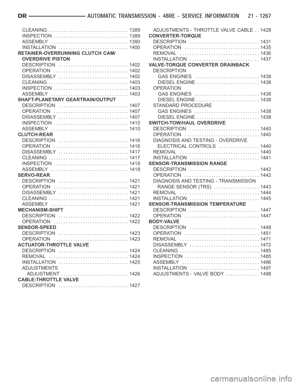 DODGE RAM SRT-10 2006  Service Repair Manual CLEANING ................................. 1389
INSPECTION ............................... 1389
ASSEMBLY . ............................... 1390
INSTALLATION ............................. 1400
RETAINER