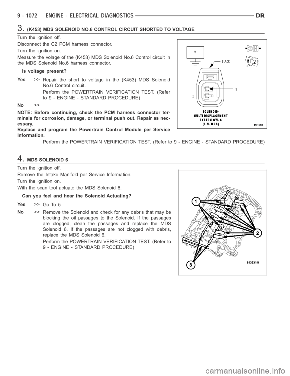 DODGE RAM SRT-10 2006  Service Repair Manual 3.(K453) MDS SOLENOID NO.6 CONTROL CIRCUIT SHORTED TO VOLTAGE
Turn the ignition off.
Disconnect the C2 PCM harness connector.
Turn the ignition on.
Measure the volage of the (K453) MDS Solenoid No.6 C