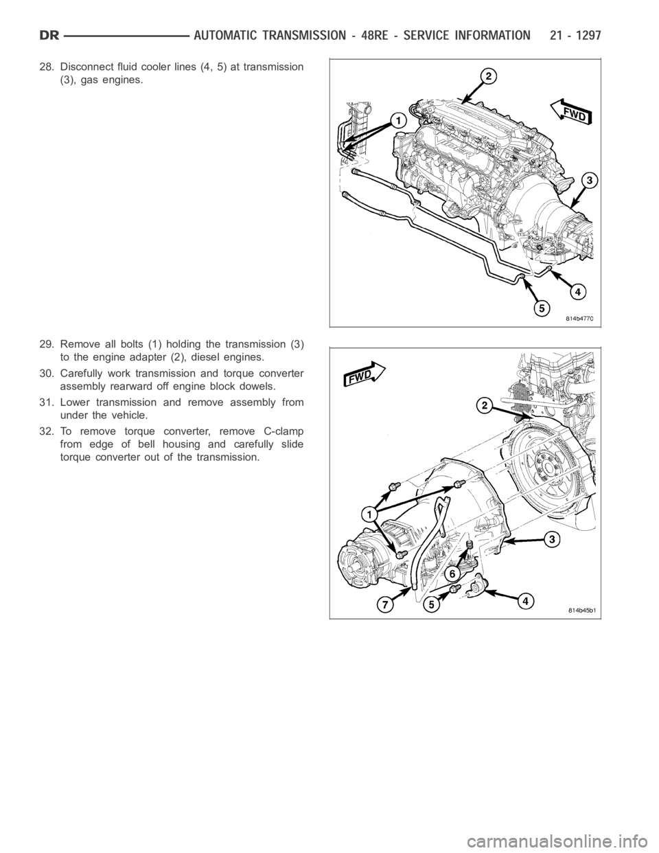 DODGE RAM SRT-10 2006  Service Repair Manual 28. Disconnect fluid cooler lines (4, 5) at transmission
(3), gas engines.
29. Remove all bolts (1) holding the transmission (3)
to the engine adapter (2), diesel engines.
30. Carefully work transmiss