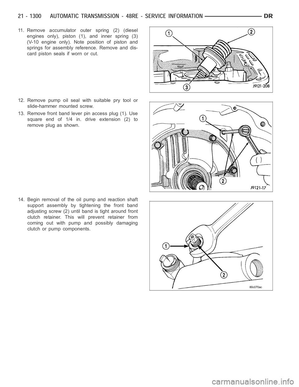 DODGE RAM SRT-10 2006  Service Repair Manual 11. Remove accumulator outer spring (2) (diesel
engines only), piston (1), and inner spring (3)
(V-10 engine only). Note position of piston and
springs for assembly reference. Remove and dis-
card pis