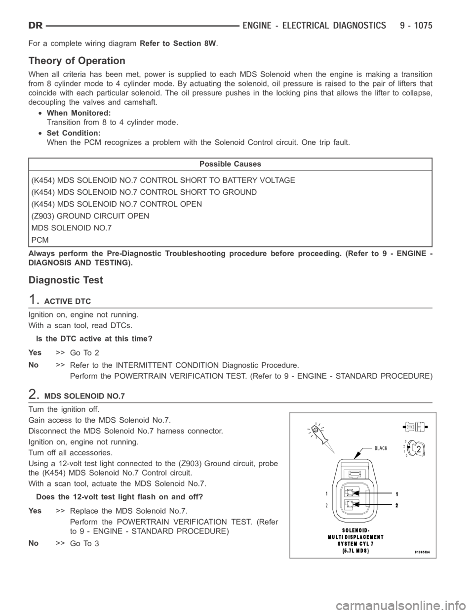 DODGE RAM SRT-10 2006  Service Repair Manual For a complete wiring diagramRefer to Section 8W.
Theory of Operation
When all criteria has been met, power is supplied to each MDS Solenoid when the engine is making a transition
from 8 cylinder mode