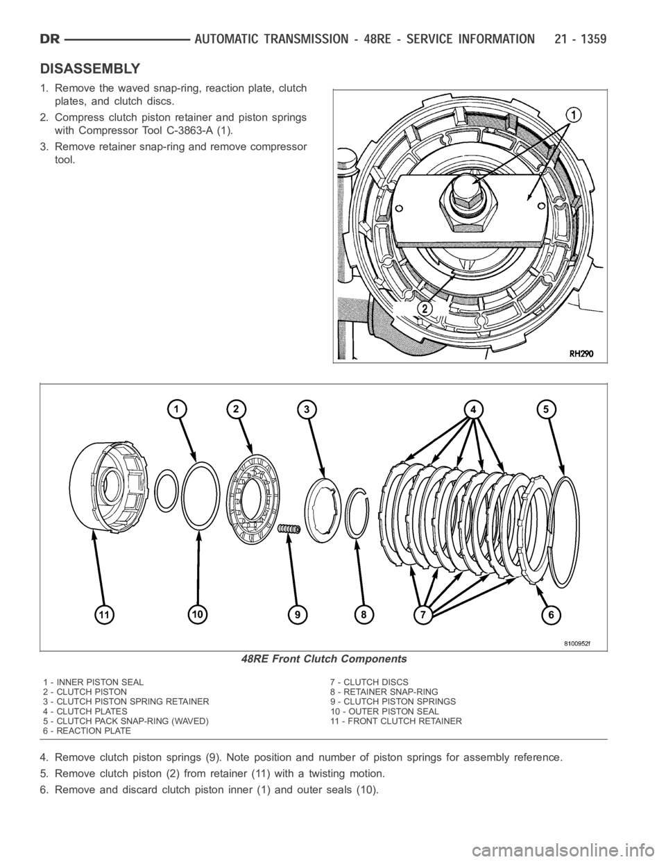 DODGE RAM SRT-10 2006  Service Repair Manual DISASSEMBLY
1. Remove the waved snap-ring, reaction plate, clutch
plates, and clutch discs.
2. Compress clutch piston retainer and piston springs
with Compressor Tool C-3863-A (1).
3. Remove retainer 