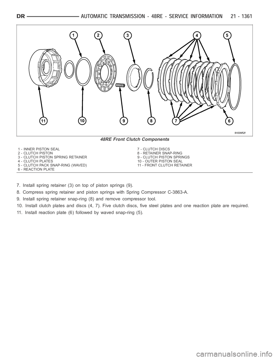 DODGE RAM SRT-10 2006  Service Repair Manual 7. Install spring retainer (3) on top of piston springs (9).
8. Compress spring retainer and piston springs with Spring Compressor C-3863-A.
9. Install spring retainer snap-ring (8) and remove compres