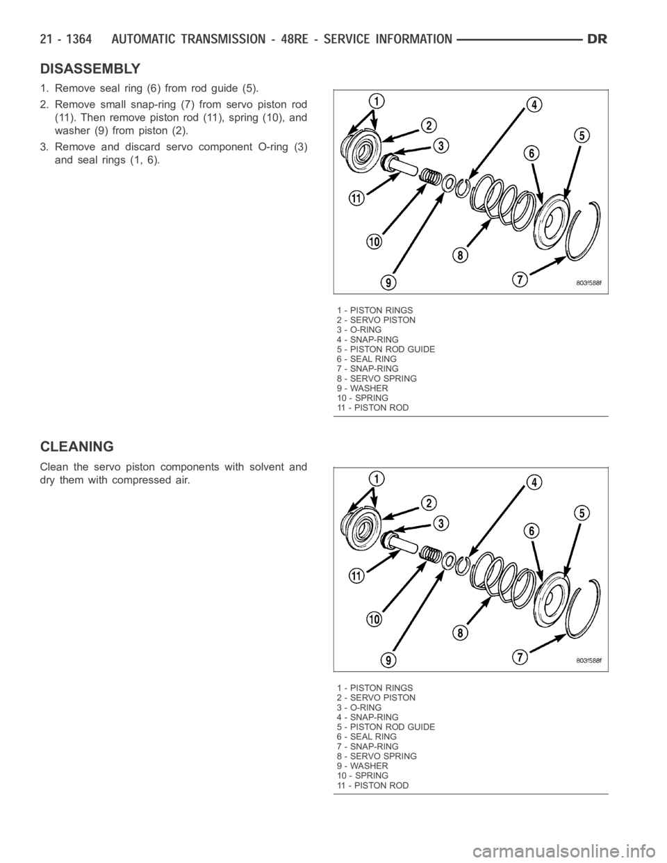 DODGE RAM SRT-10 2006  Service Repair Manual DISASSEMBLY
1. Remove seal ring (6) from rod guide (5).
2. Remove small snap-ring (7) from servo piston rod
(11). Then remove piston rod (11), spring (10), and
washer (9) from piston (2).
3. Remove an