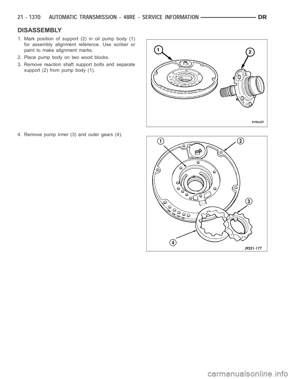 DODGE RAM SRT-10 2006  Service Repair Manual DISASSEMBLY
1. Mark position of support (2) in oil pump body (1)
for assembly alignment reference. Use scriber or
paint to make alignment marks.
2. Place pump body on two wood blocks.
3. Remove reacti