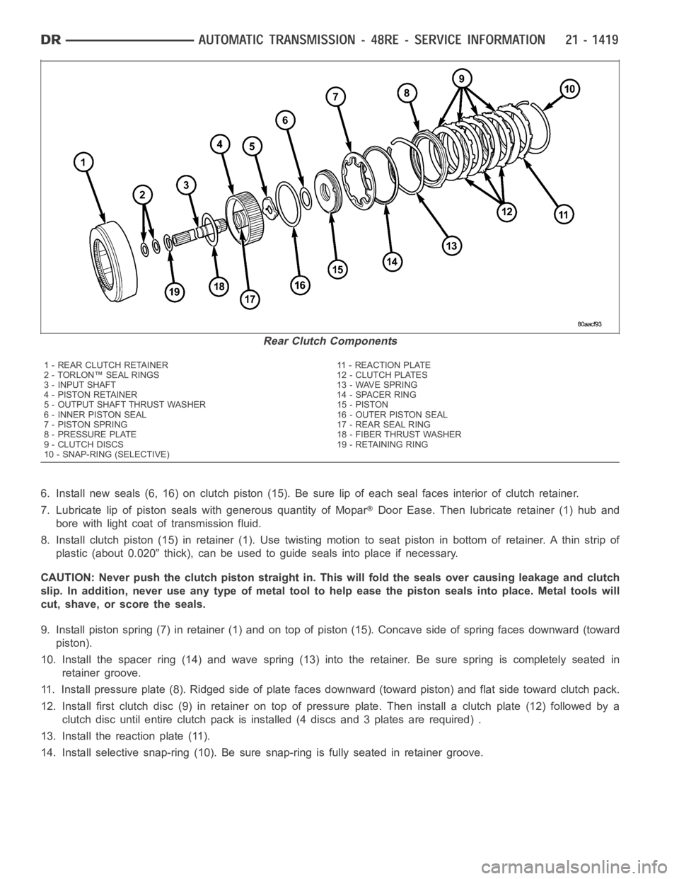 DODGE RAM SRT-10 2006  Service Repair Manual 6. Install new seals (6, 16) on clutch piston (15). Be sure lip of each seal faces interior of clutch retainer.
7. Lubricate lip of piston seals with generous quantity of Mopar
Door Ease. Then lubrica