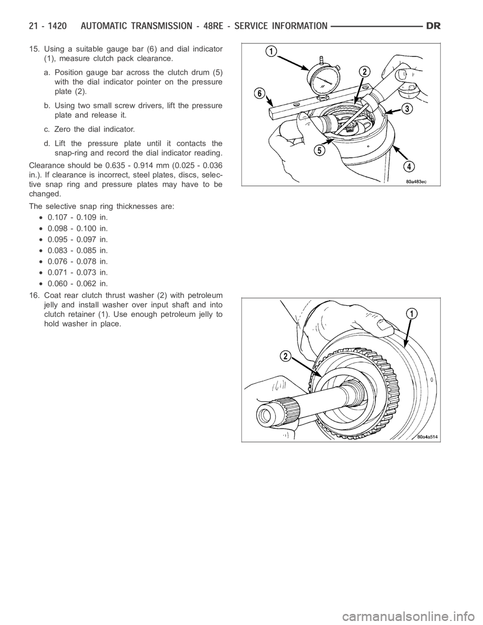 DODGE RAM SRT-10 2006  Service Repair Manual 15. Using a suitable gauge bar (6) and dial indicator
(1), measure clutch pack clearance.
a. Position gauge bar across the clutch drum (5)
with the dial indicator pointer on the pressure
plate (2).
b.