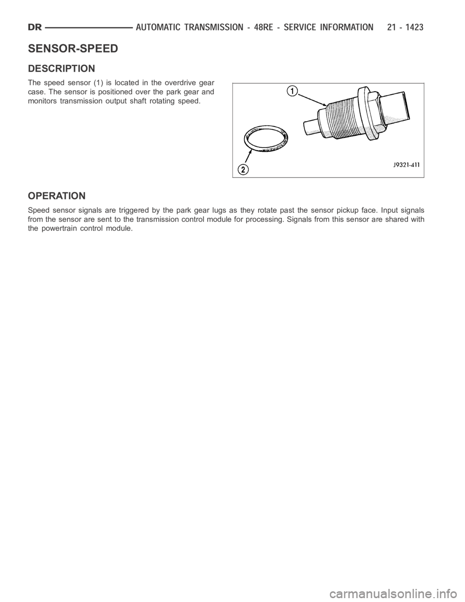 DODGE RAM SRT-10 2006  Service Repair Manual SENSOR-SPEED
DESCRIPTION
The speed sensor (1) is located in the overdrive gear
case. The sensor is positioned over the park gear and
monitors transmission output shaft rotating speed.
OPERATION
Speed 