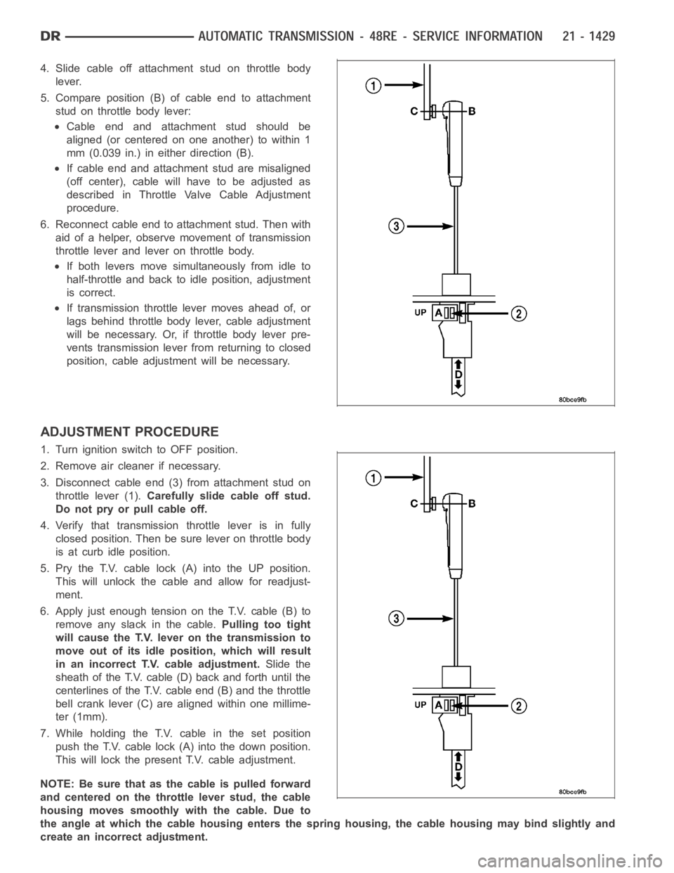 DODGE RAM SRT-10 2006 Service Repair Manual 4. Slide cable off attachment stud on throttle body
lever.
5. Compare position (B) of cable end to attachment
stud on throttle body lever:
Cable end and attachment stud should be
aligned (or centered DODGE RAM SRT-10 2006 Service Repair Manual 4. Slide cable off attachment stud on throttle body
lever.
5. Compare position (B) of cable end to attachment
stud on throttle body lever:
Cable end and attachment stud should be
aligned (or centered