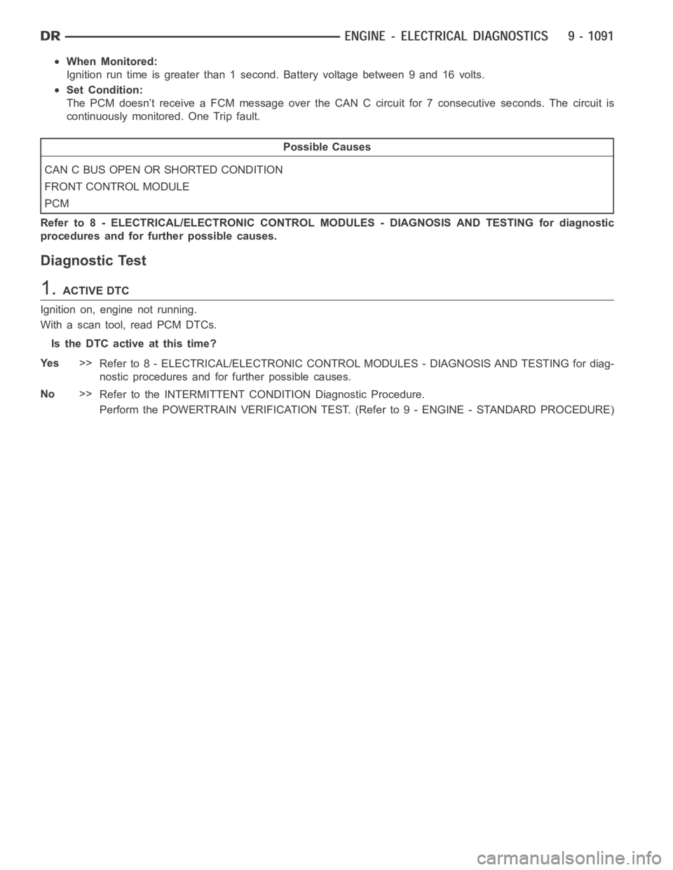 DODGE RAM SRT-10 2006  Service Repair Manual When Monitored:
Ignition run time is greater than 1 second. Battery voltage between 9 and 16volts.
Set Condition:
The PCM doesn’t receive a FCM message over the CAN C circuit for 7 consecutive secon