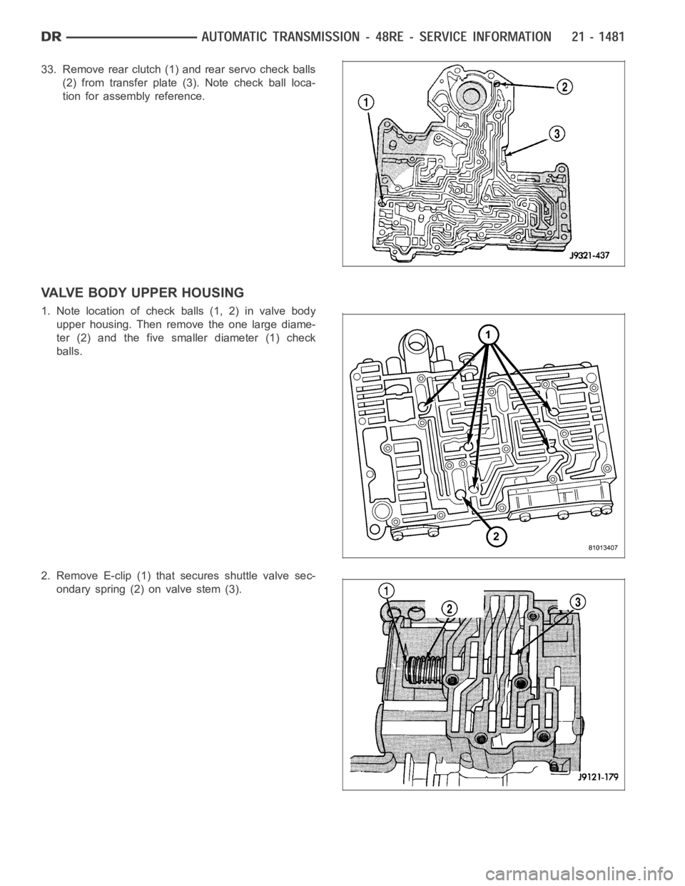 DODGE RAM SRT-10 2006  Service Repair Manual 33. Remove rear clutch (1) and rear servo check balls
(2) from transfer plate (3). Note check ball loca-
tion for assembly reference.
VALVE BODY UPPER HOUSING
1. Note location of check balls (1, 2) in