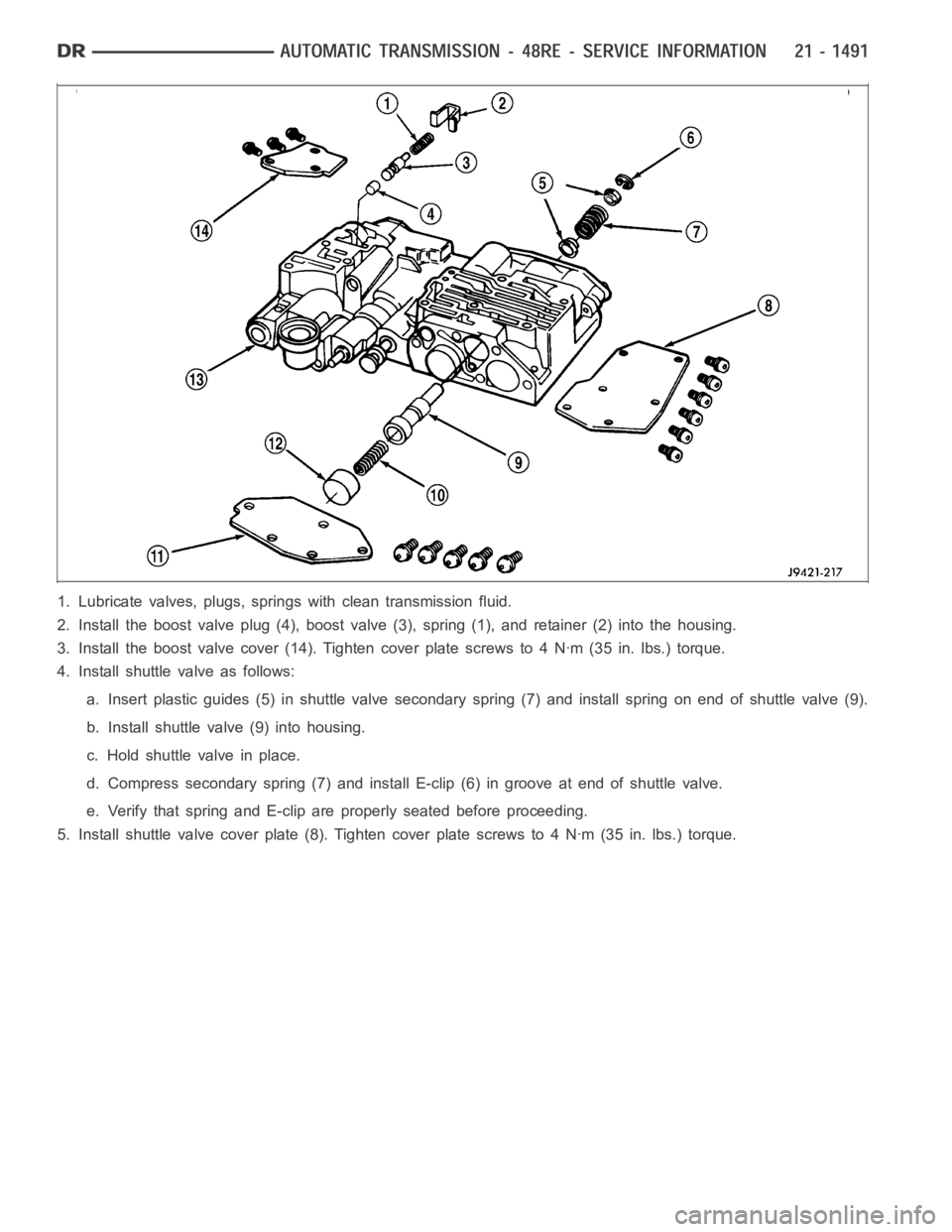 DODGE RAM SRT-10 2006  Service Repair Manual 1. Lubricate valves, plugs, springs with clean transmission fluid.
2. Install the boost valve plug (4), boost valve (3), spring (1), and retainer (2) into the housing.
3. Install the boost valve cover