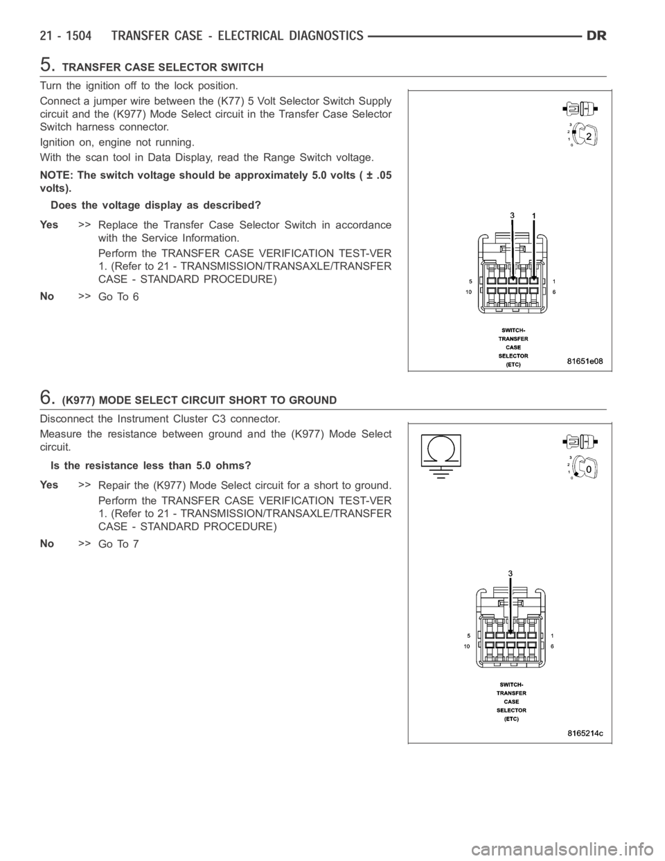 DODGE RAM SRT-10 2006 Service Repair Manual 5.TRANSFER CASE SELECTOR SWITCH
Turn the ignition off to the lock position.
Connect a jumper wire between the (K77) 5 Volt Selector Switch Supply
circuit and the (K977) Mode Select circuit in the Tran DODGE RAM SRT-10 2006 Service Repair Manual 5.TRANSFER CASE SELECTOR SWITCH
Turn the ignition off to the lock position.
Connect a jumper wire between the (K77) 5 Volt Selector Switch Supply
circuit and the (K977) Mode Select circuit in the Tran