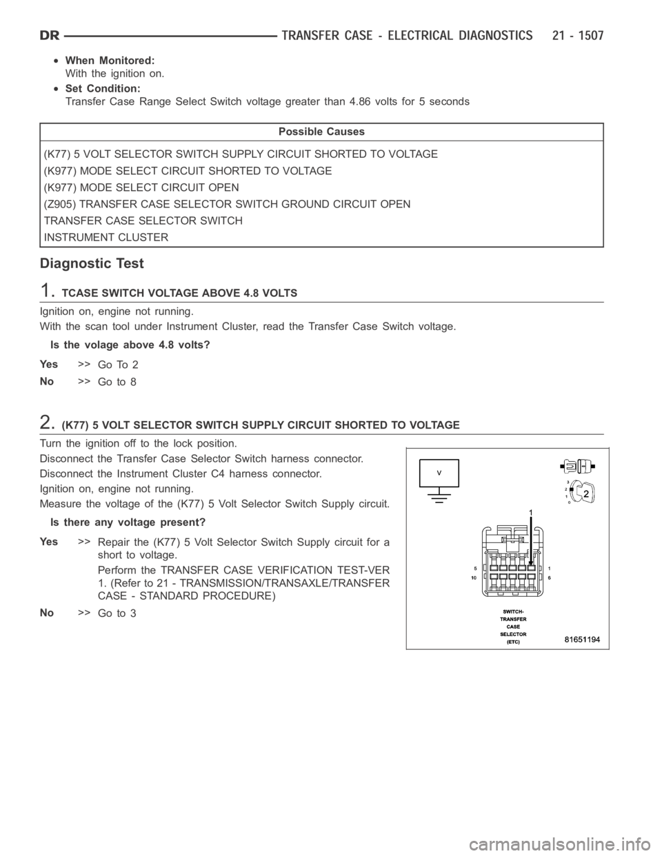 DODGE RAM SRT-10 2006 Service Repair Manual When Monitored:
With the ignition on.
Set Condition:
Transfer Case Range Select Switch voltage greater than 4.86 volts for 5 seconds
Possible Causes
(K77) 5 VOLT SELECTOR SWITCH SUPPLY CIRCUIT SHORTED DODGE RAM SRT-10 2006 Service Repair Manual When Monitored:
With the ignition on.
Set Condition:
Transfer Case Range Select Switch voltage greater than 4.86 volts for 5 seconds
Possible Causes
(K77) 5 VOLT SELECTOR SWITCH SUPPLY CIRCUIT SHORTED