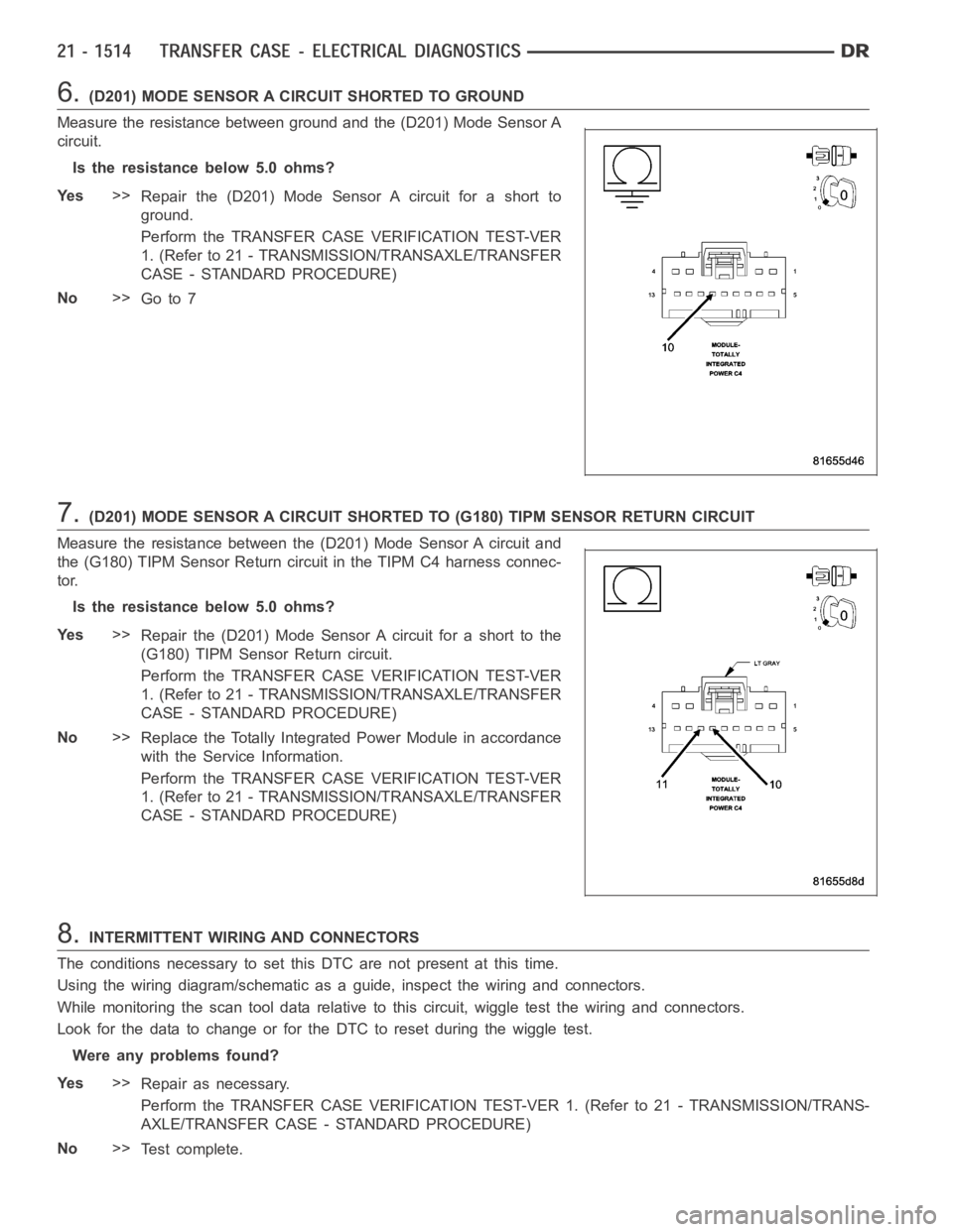 DODGE RAM SRT-10 2006 Service Repair Manual 6.(D201) MODE SENSOR A CIRCUIT SHORTED TO GROUND
Measure the resistance between ground and the (D201) Mode Sensor A
circuit.
Is the resistance below 5.0 ohms?
Ye s>>
Repair the (D201) Mode Sensor A ci DODGE RAM SRT-10 2006 Service Repair Manual 6.(D201) MODE SENSOR A CIRCUIT SHORTED TO GROUND
Measure the resistance between ground and the (D201) Mode Sensor A
circuit.
Is the resistance below 5.0 ohms?
Ye s>>
Repair the (D201) Mode Sensor A ci