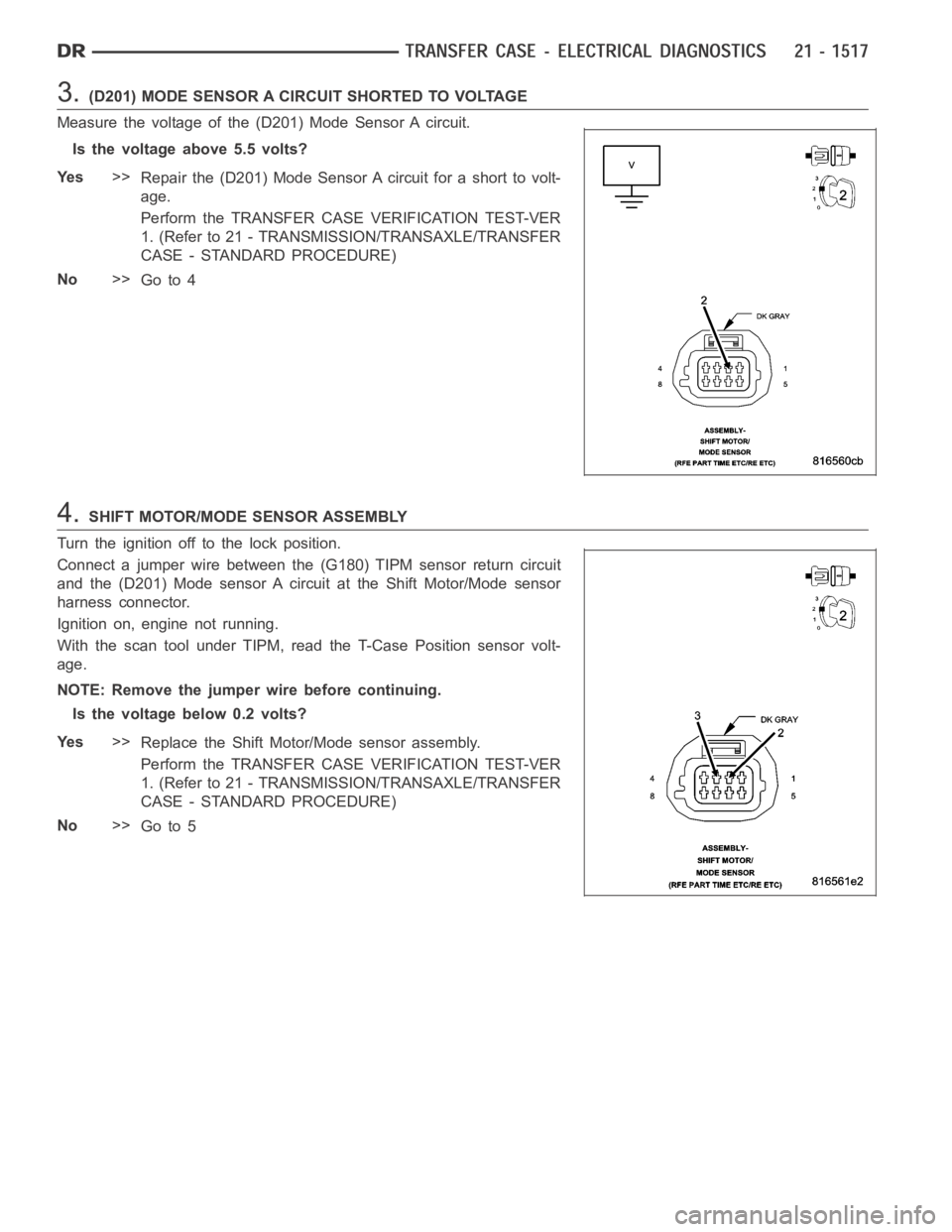 DODGE RAM SRT-10 2006  Service Repair Manual 3.(D201) MODE SENSOR A CIRCUIT SHORTED TO VOLTAGE
Measure the voltage of the (D201) Mode Sensor A circuit.
Is the voltage above 5.5 volts?
Ye s>>
Repair the (D201) Mode Sensor A circuit for a short to