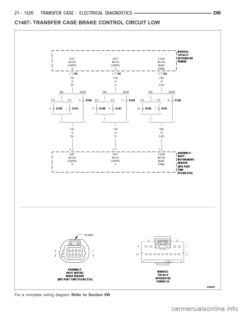 DODGE RAM SRT-10 2006  Service Repair Manual C1407- TRANSFER CASE BRAKE CONTROL CIRCUIT LOW
For a complete wiring diagramRefer to Section 8W 