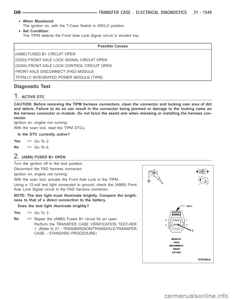 DODGE RAM SRT-10 2006 Service Repair Manual When Monitored:
The ignition on, with the T-Case Switch in 4W/LO position.
Set Condition:
The TIPM detects the Front Axle Lock Signal circuit is shorted low.
Possible Causes
(A880) FUSED B+ CIRCUIT OP DODGE RAM SRT-10 2006 Service Repair Manual When Monitored:
The ignition on, with the T-Case Switch in 4W/LO position.
Set Condition:
The TIPM detects the Front Axle Lock Signal circuit is shorted low.
Possible Causes
(A880) FUSED B+ CIRCUIT OP