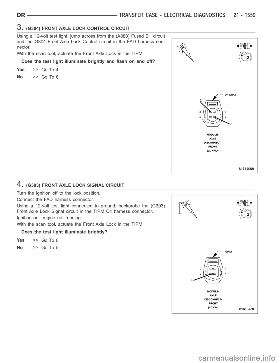 DODGE RAM SRT-10 2006  Service Repair Manual 3.(G304) FRONT AXLE LOCK CONTROL CIRCUIT
Using a 12-volt test light, jump across from the (A880) Fused B+ circuit
and the G304 Front Axle Lock Control circuit in the FAD harness con-
nector.
With the 