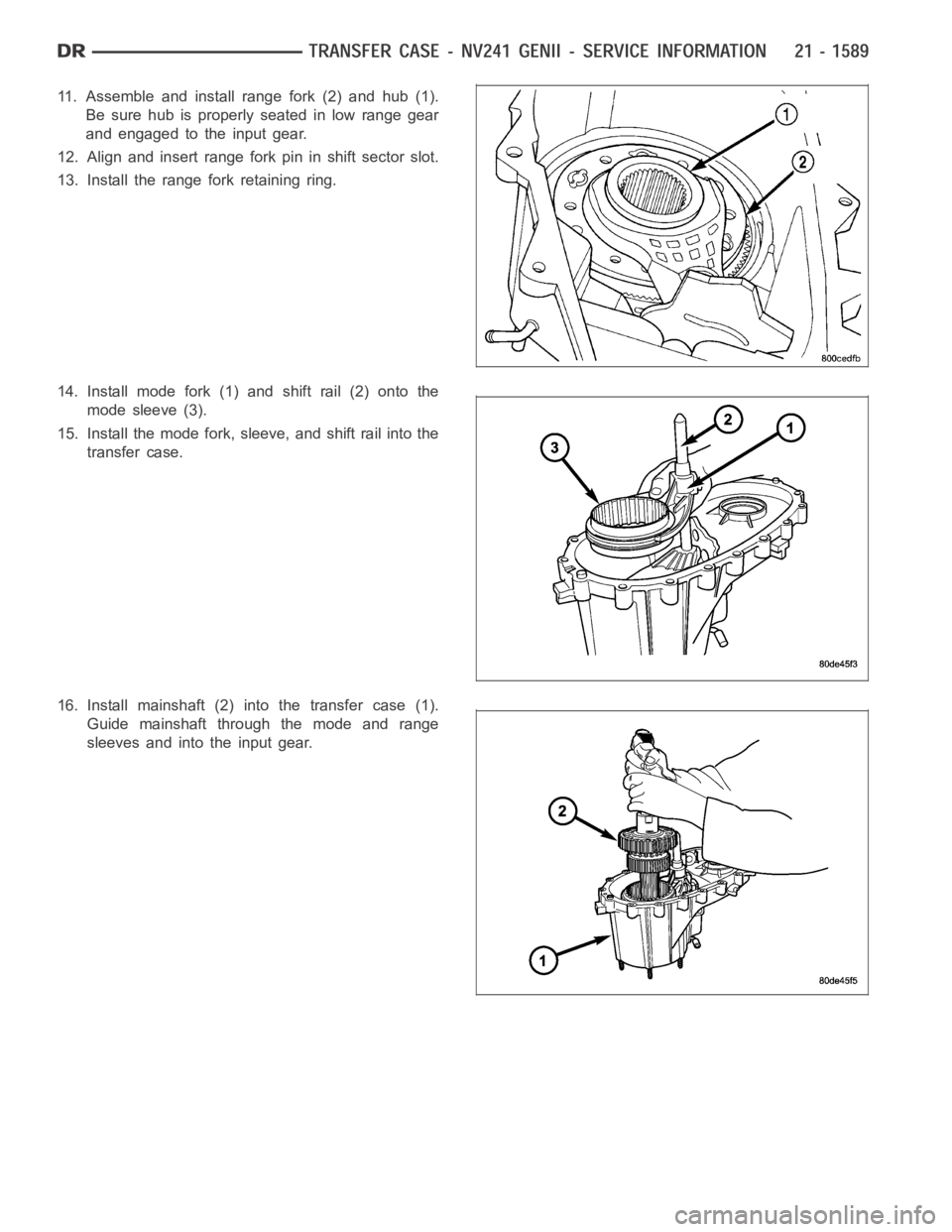 DODGE RAM SRT-10 2006  Service Repair Manual 11. Assemble and install range fork (2) and hub (1).
Be sure hub is properly seated in low range gear
and engaged to the input gear.
12. Align and insert range fork pin in shift sector slot.
13. Insta