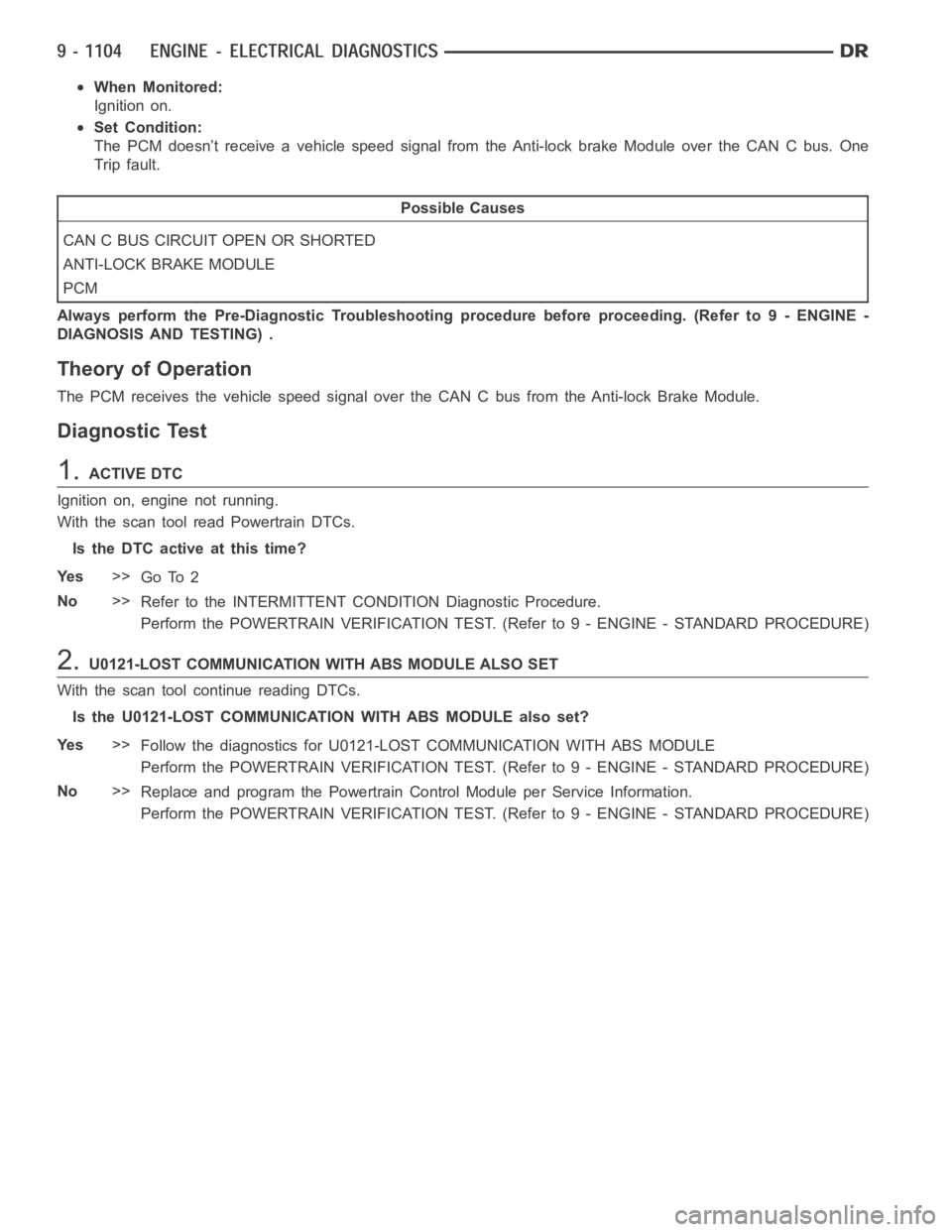 DODGE RAM SRT-10 2006 Service Repair Manual When Monitored:
Ignition on.
Set Condition:
The PCM doesn’t receive a vehicle speed signal from the Anti-lock brake Module over the CAN C bus. One
Trip fault.
Possible Causes
CAN C BUS CIRCUIT OPEN DODGE RAM SRT-10 2006 Service Repair Manual When Monitored:
Ignition on.
Set Condition:
The PCM doesn’t receive a vehicle speed signal from the Anti-lock brake Module over the CAN C bus. One
Trip fault.
Possible Causes
CAN C BUS CIRCUIT OPEN