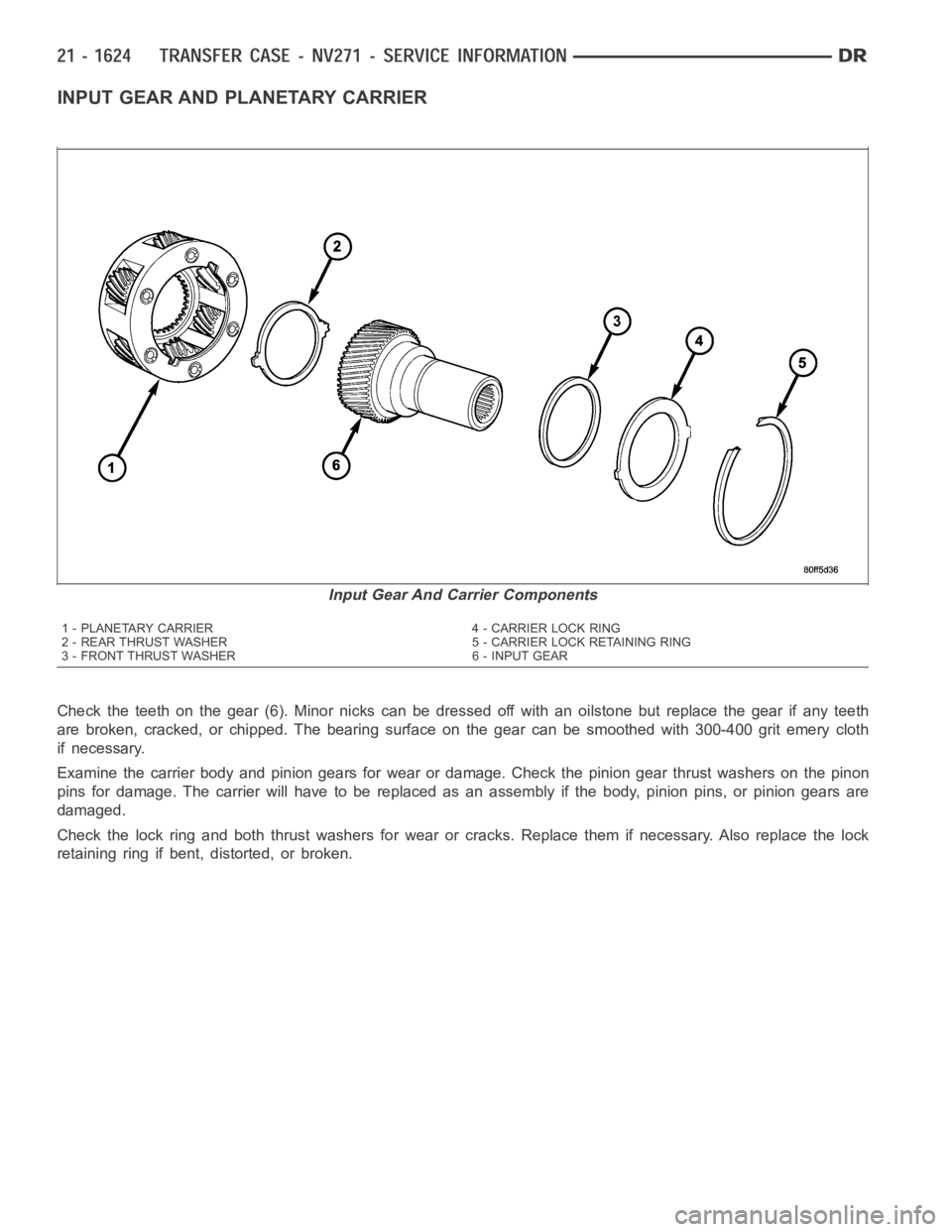 DODGE RAM SRT-10 2006  Service Repair Manual INPUT GEAR AND PLANETARY CARRIER
Check the teeth on the gear (6). Minor nicks can be dressed off with an oilstone but replace the gear if any teeth
are broken, cracked, or chipped. The bearing surface