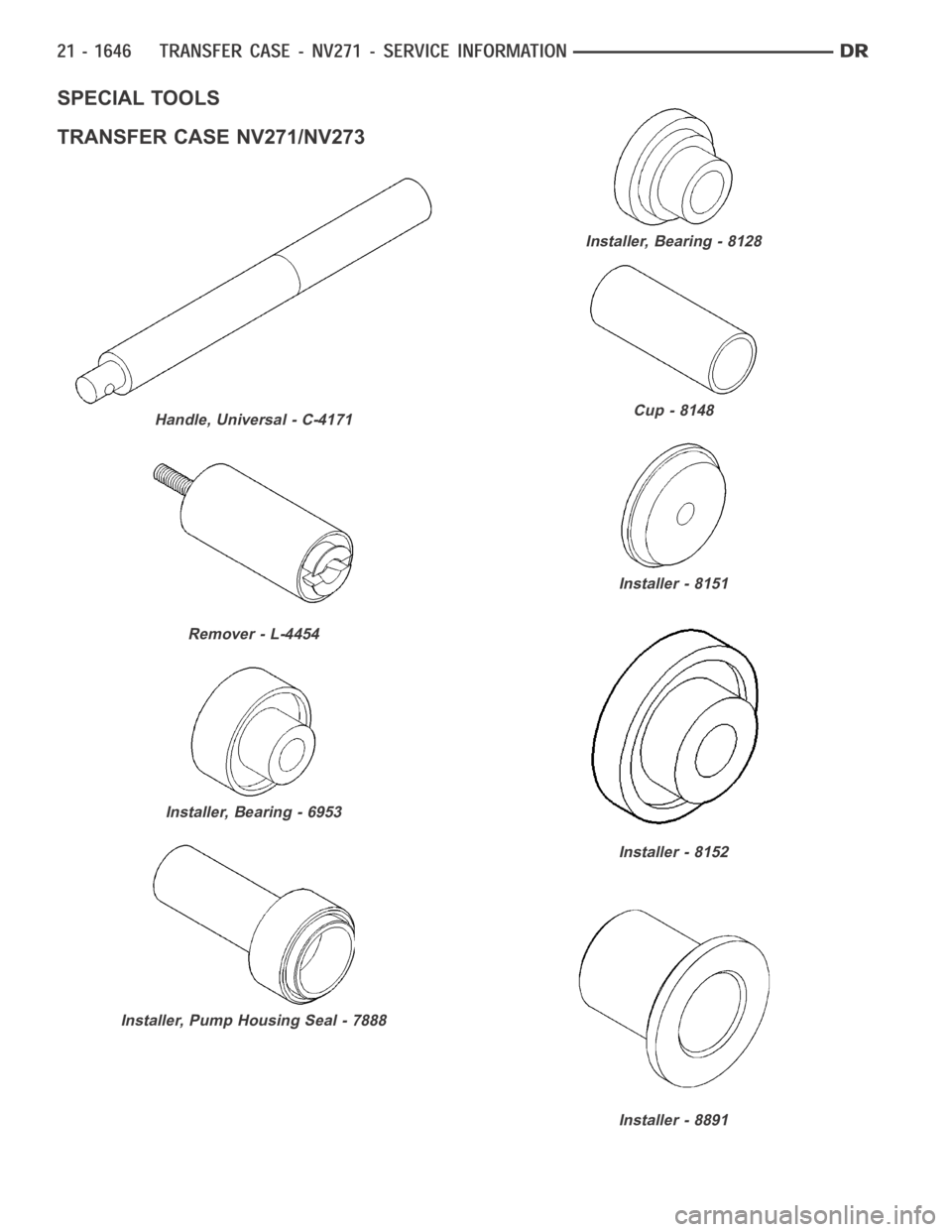 DODGE RAM SRT-10 2006  Service Repair Manual SPECIAL TOOLS
TRANSFER CASE NV271/NV273
Handle, Universal - C-4171
Remover - L-4454
Installer, Bearing - 6953
Installer, Pump Housing Seal - 7888
Installer, Bearing - 8128
Cup - 8148
Installer - 8151

