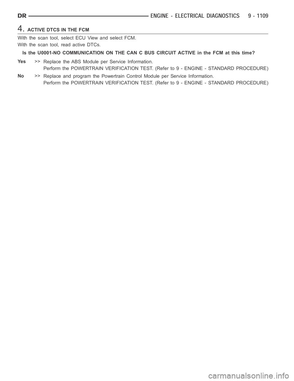 DODGE RAM SRT-10 2006  Service Repair Manual 4.ACTIVE DTCS IN THE FCM
With the scan tool, select ECU View and select FCM.
With the scan tool, read active DTCs.
Is the U0001-NO COMMUNICATION ON THE CAN C BUS CIRCUIT ACTIVE in the FCM at this time