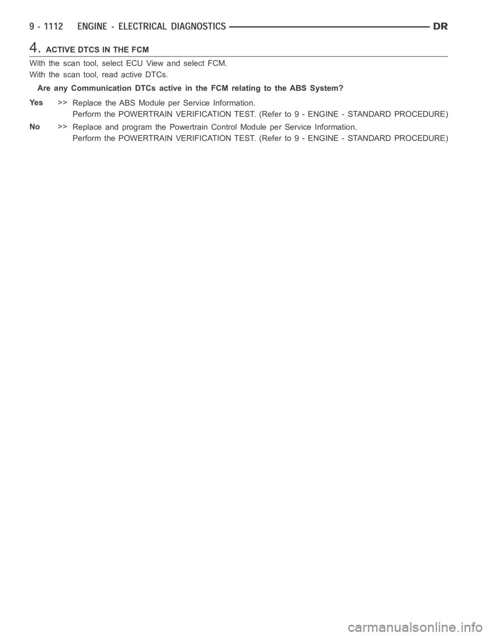 DODGE RAM SRT-10 2006  Service Repair Manual 4.ACTIVE DTCS IN THE FCM
With the scan tool, select ECU View and select FCM.
With the scan tool, read active DTCs.
AreanyCommunicationDTCsactiveintheFCMrelatingtotheABSSystem?
Ye s>>
Replace the ABS M