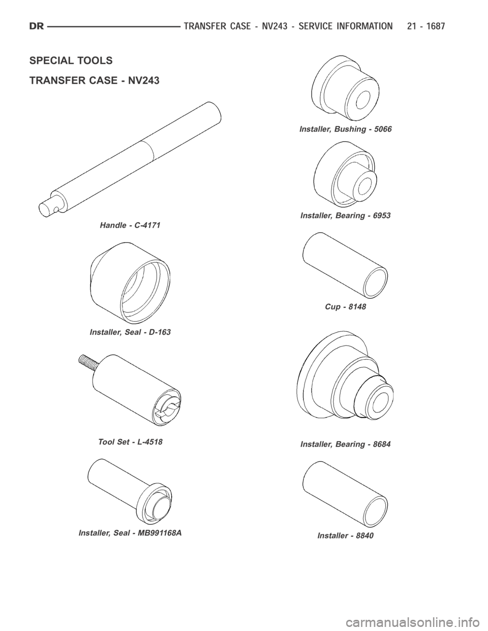 DODGE RAM SRT-10 2006  Service Repair Manual SPECIAL TOOLS
TRANSFER CASE - NV243
Handle - C-4171
Installer, Seal - D-163
ToolSet-L-4518
Installer, Seal - MB991168A
Installer, Bushing - 5066
Installer, Bearing - 6953
Cup - 8148
Installer, Bearing