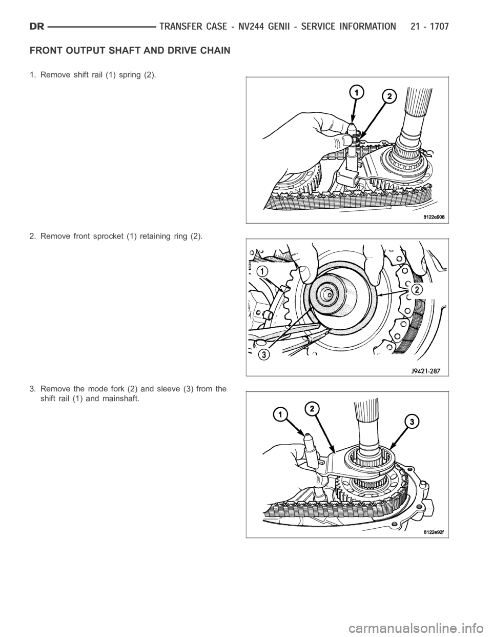 DODGE RAM SRT-10 2006  Service Repair Manual FRONT OUTPUT SHAFT AND DRIVE CHAIN
1. Remove shift rail (1) spring (2).
2. Remove front sprocket (1) retaining ring (2).
3. Remove the mode fork (2) and sleeve (3) from the
shift rail (1) and mainshaf