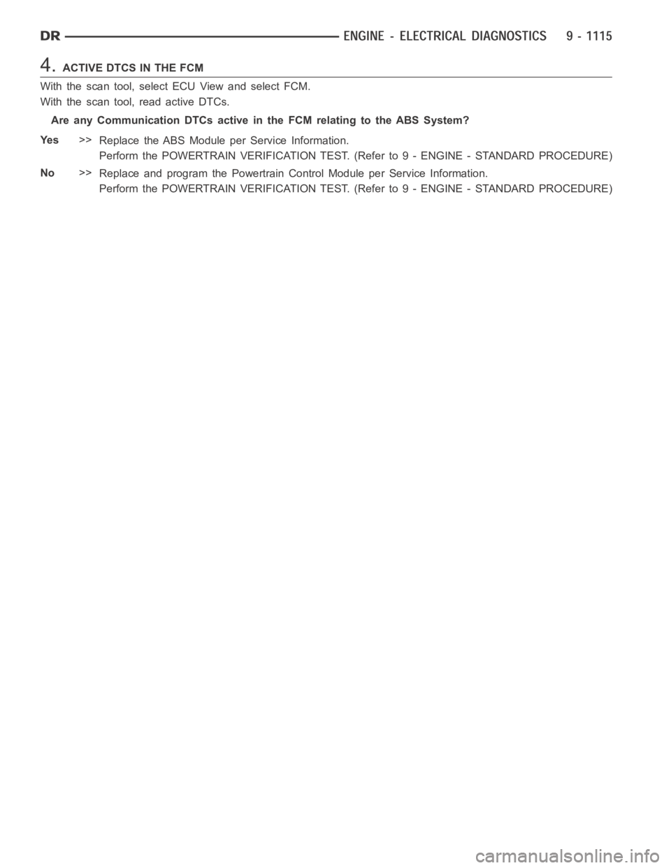 DODGE RAM SRT-10 2006  Service Repair Manual 4.ACTIVE DTCS IN THE FCM
With the scan tool, select ECU View and select FCM.
With the scan tool, read active DTCs.
AreanyCommunicationDTCsactiveintheFCMrelatingtotheABSSystem?
Ye s>>
Replace the ABS M