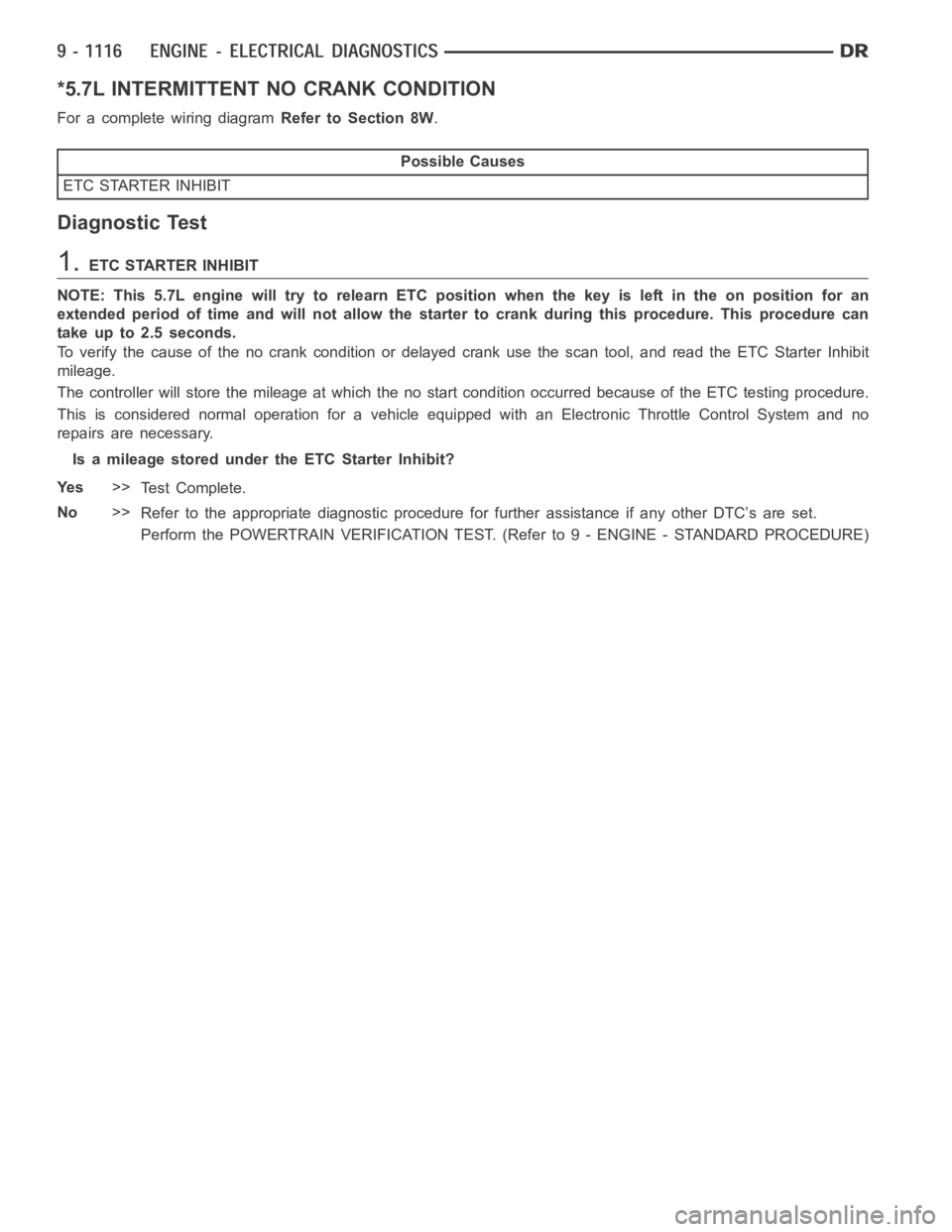 DODGE RAM SRT-10 2006 Service Repair Manual *5.7L INTERMITTENT NO CRANK CONDITION
For a complete wiring diagramRefer to Section 8W.
Possible Causes
ETC STARTER INHIBIT
Diagnostic Test
1.ETC STARTER INHIBIT
NOTE: This 5.7L engine will try to rel DODGE RAM SRT-10 2006 Service Repair Manual *5.7L INTERMITTENT NO CRANK CONDITION
For a complete wiring diagramRefer to Section 8W.
Possible Causes
ETC STARTER INHIBIT
Diagnostic Test
1.ETC STARTER INHIBIT
NOTE: This 5.7L engine will try to rel