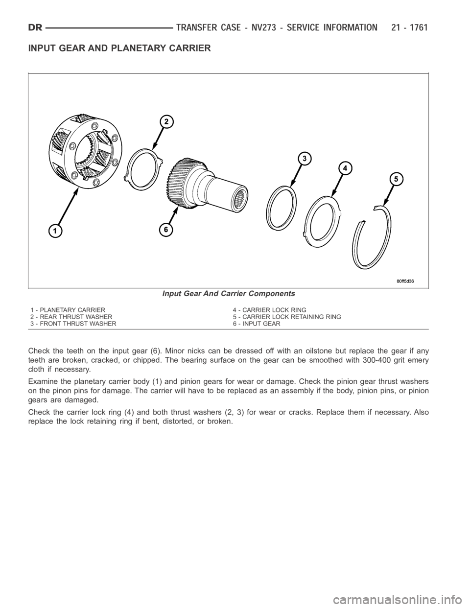 DODGE RAM SRT-10 2006  Service Repair Manual INPUT GEAR AND PLANETARY CARRIER
Check the teeth on the input gear (6). Minor nicks can be dressed off with an oilstone but replace the gear if any
teeth are broken, cracked, or chipped. The bearing s