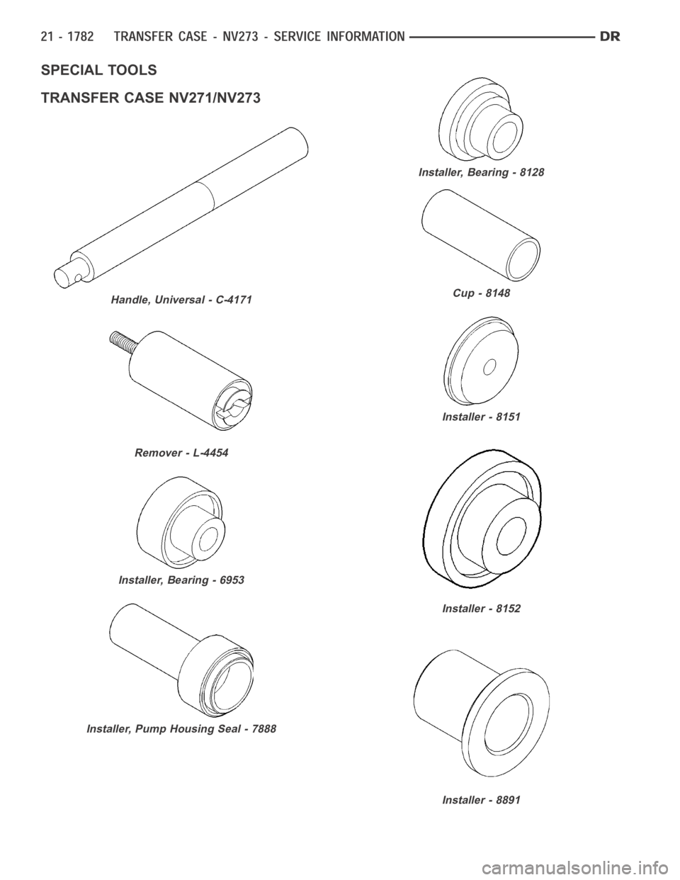 DODGE RAM SRT-10 2006  Service Repair Manual SPECIAL TOOLS
TRANSFER CASE NV271/NV273
Handle, Universal - C-4171
Remover - L-4454
Installer, Bearing - 6953
Installer, Pump Housing Seal - 7888
Installer, Bearing - 8128
Cup - 8148
Installer - 8151
