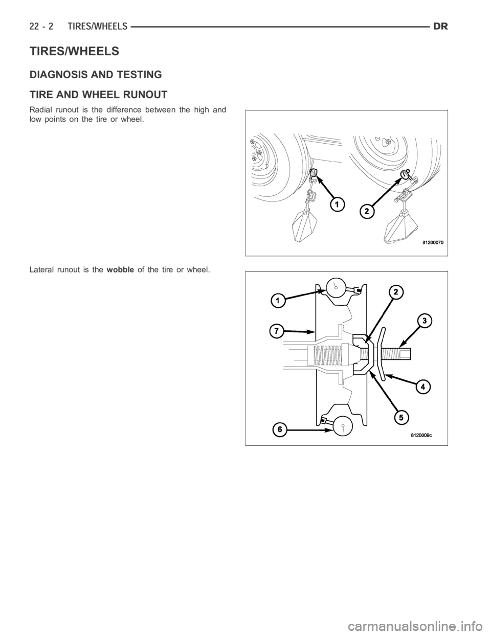 DODGE RAM SRT-10 2006  Service Repair Manual TIRES/WHEELS
DIAGNOSIS AND TESTING
TIRE AND WHEEL RUNOUT
Radial runout is the difference between the high and
low points on the tire or wheel.
Lateral runout is thewobbleof the tire or wheel. 