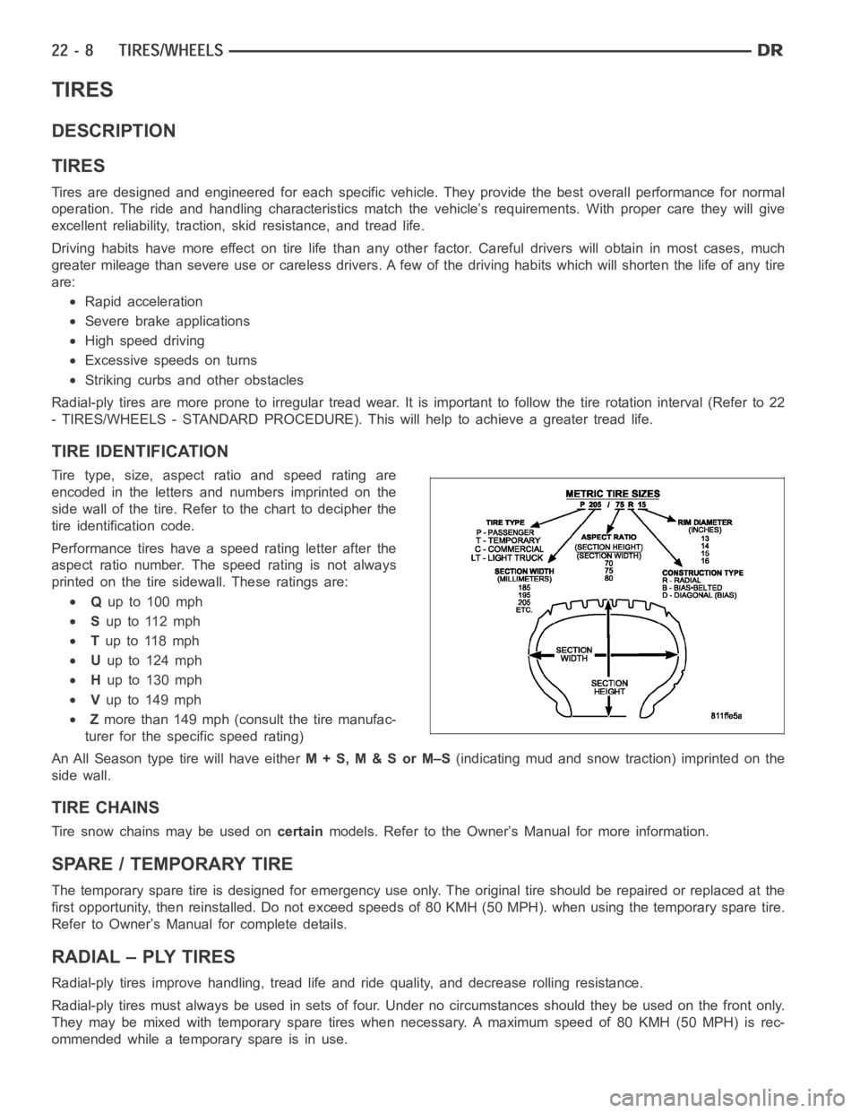 DODGE RAM SRT-10 2006 Service Repair Manual TIRES
DESCRIPTION
TIRES
Tires are designed and engineered for each specific vehicle. They providethe best overall performance for normal
operation. The ride and handling characteristics match the vehi DODGE RAM SRT-10 2006 Service Repair Manual TIRES
DESCRIPTION
TIRES
Tires are designed and engineered for each specific vehicle. They providethe best overall performance for normal
operation. The ride and handling characteristics match the vehi