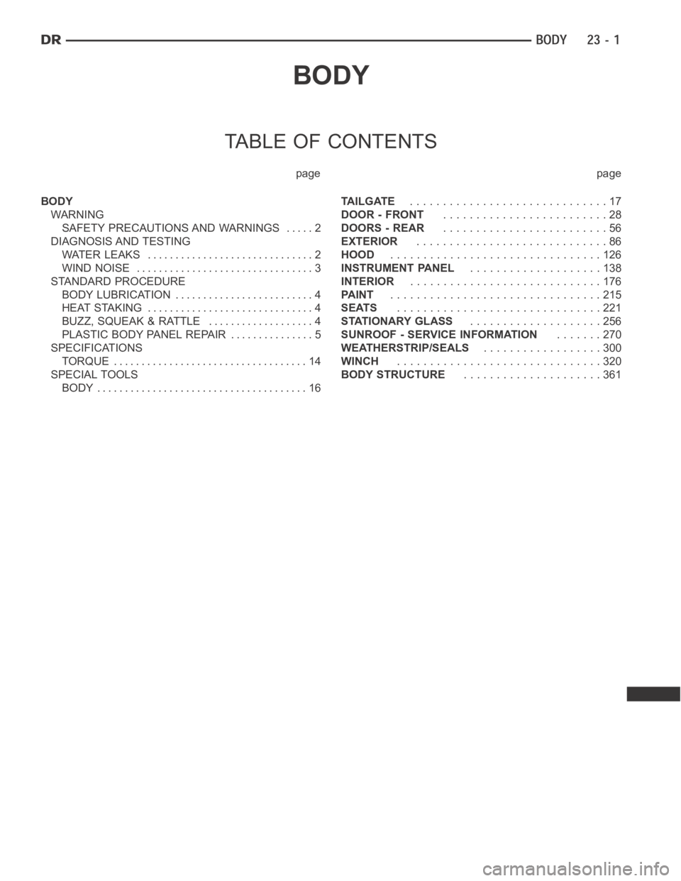 DODGE RAM SRT-10 2006 Service Repair Manual BODY
TABLE OF CONTENTS
page page
BODY
WARNING
SAFETY PRECAUTIONS AND WARNINGS ..... 2
DIAGNOSIS AND TESTING
WATER LEAKS .............................. 2
WIND NOISE ................................ 3
S DODGE RAM SRT-10 2006 Service Repair Manual BODY
TABLE OF CONTENTS
page page
BODY
WARNING
SAFETY PRECAUTIONS AND WARNINGS ..... 2
DIAGNOSIS AND TESTING
WATER LEAKS .............................. 2
WIND NOISE ................................ 3
S