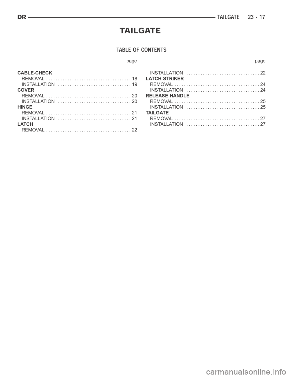 DODGE RAM SRT-10 2006  Service Repair Manual page page
CABLE-CHECK
REMOVAL .................................... 18
INSTALLATION ............................... 19
COVER
REMOVAL .................................... 20
INSTALLATION ...............