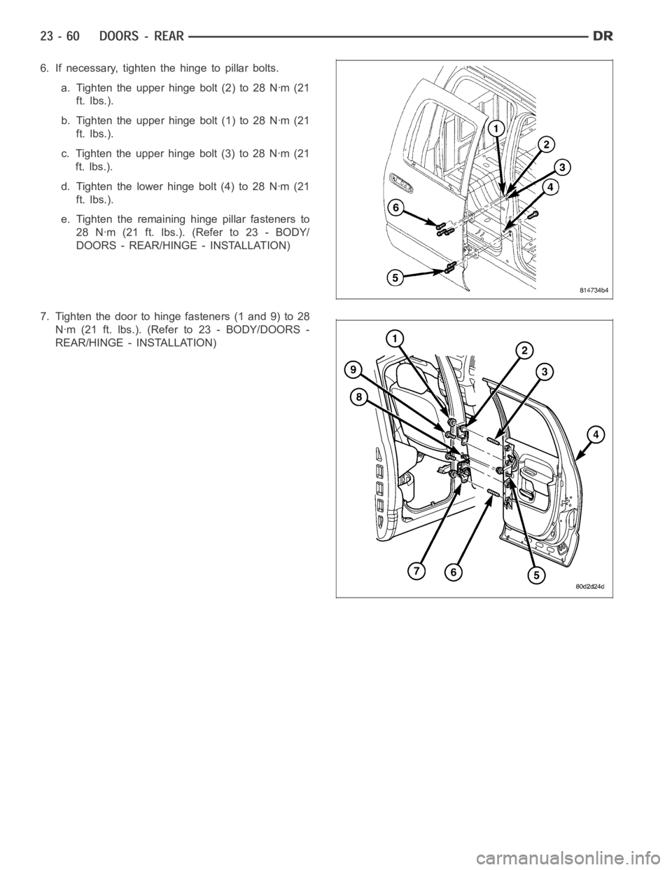DODGE RAM SRT-10 2006  Service Repair Manual 6. If necessary, tighten the hinge to pillar bolts.
a. Tighten the upper hinge bolt (2) to 28 Nꞏm (21
ft. lbs.).
b. Tighten the upper hinge bolt (1) to 28 Nꞏm (21
ft. lbs.).
c. Tighten the upper h